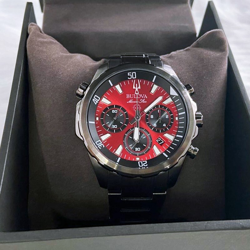Men New Bulova Classic Red Marine Star Stainless Steel 98B350 Watch (43MM)