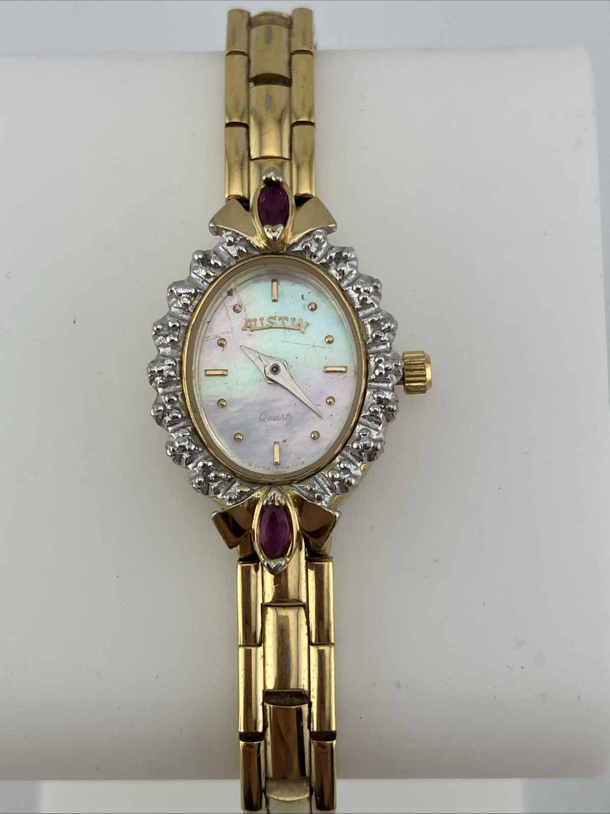 Vtg Austin Lades 17mm Watch Gold Tone Diamond & Ruby Bezel MOP Dial 5.75″ – RUNS