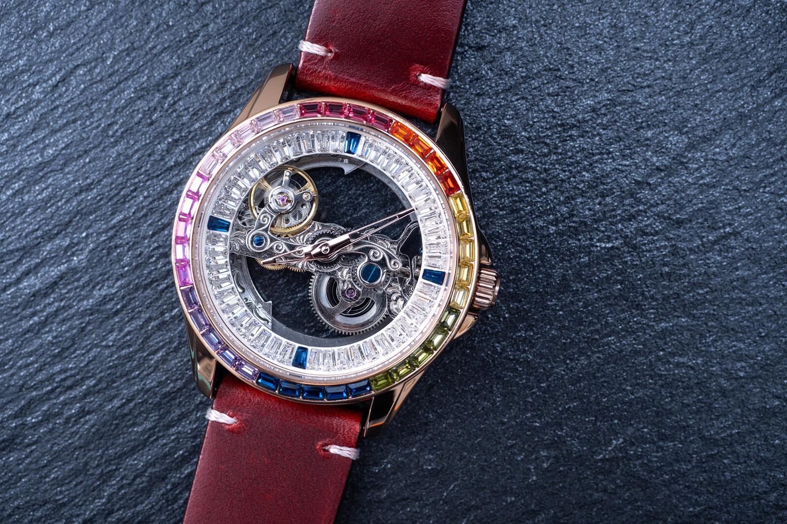 Mens Rose Gold Automatic Mechanical Watch Rainbow Cubic Oil Waxed Dark Red