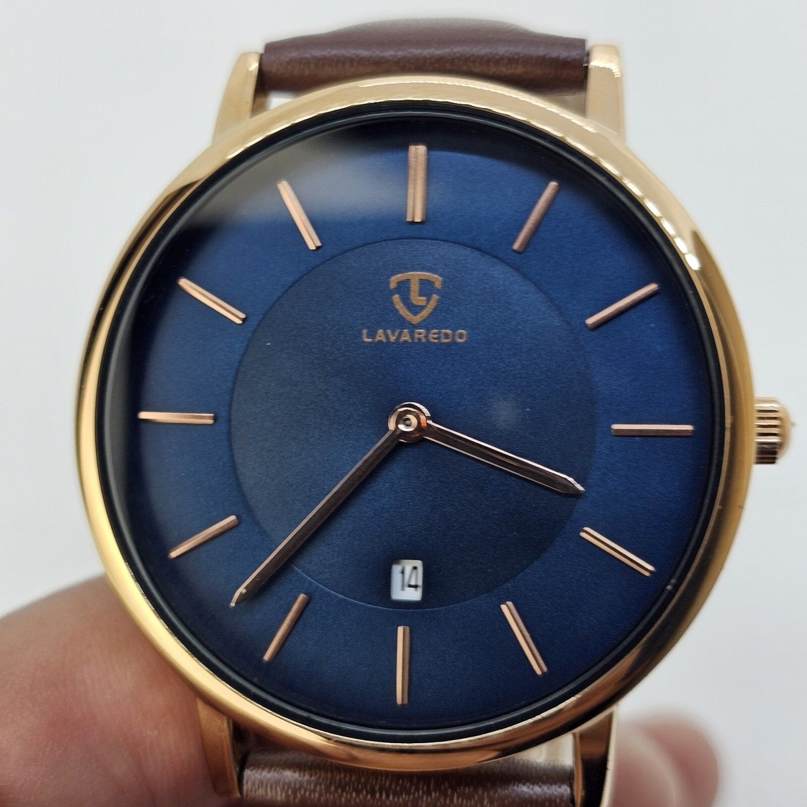 Men’s Watch 40MM Gold Case Blue Dial Brown Leather Band Straps Date Indicator