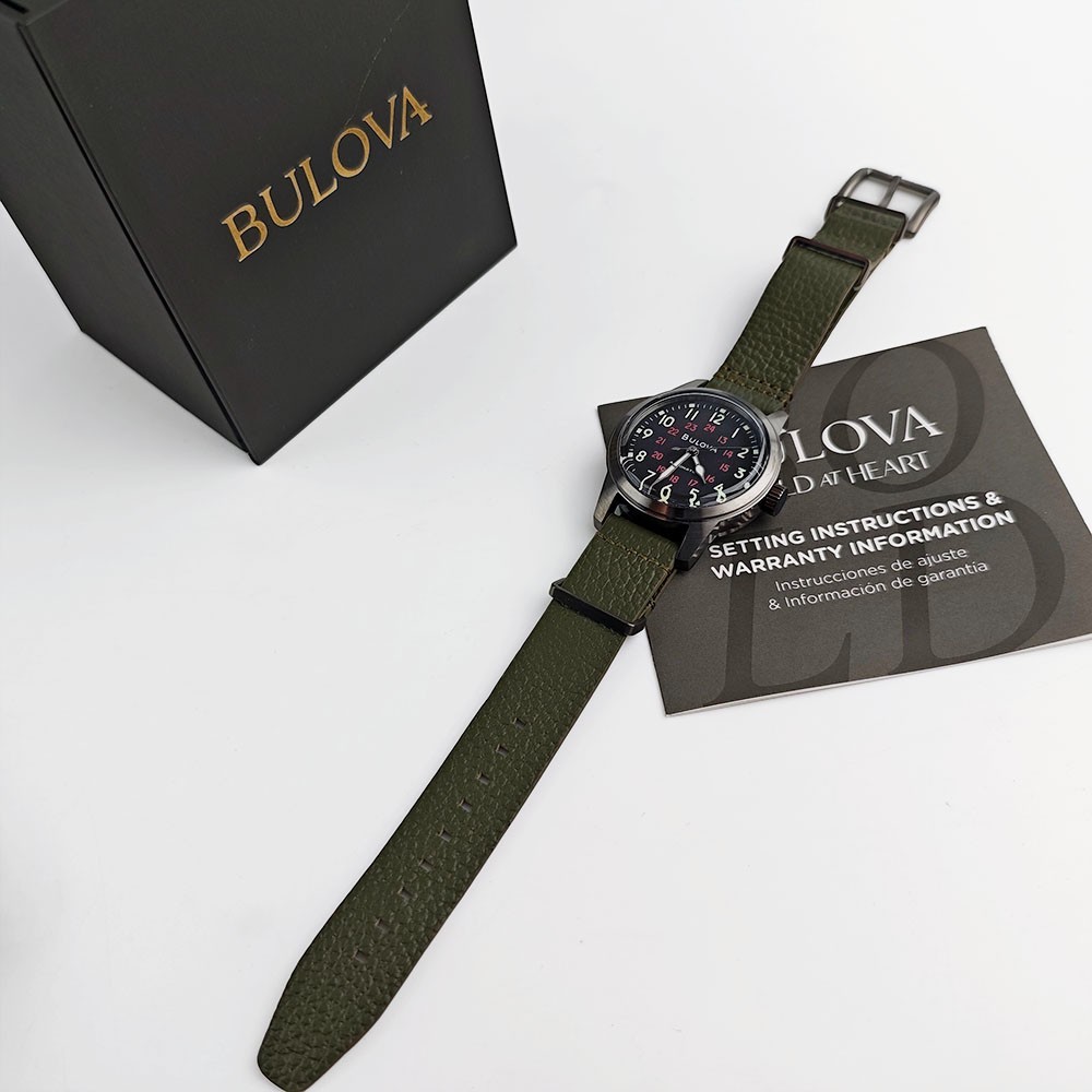 Bulova 98A255 Hack Black Dial Green Leather Strap Automatic Men’s Watch 38MM