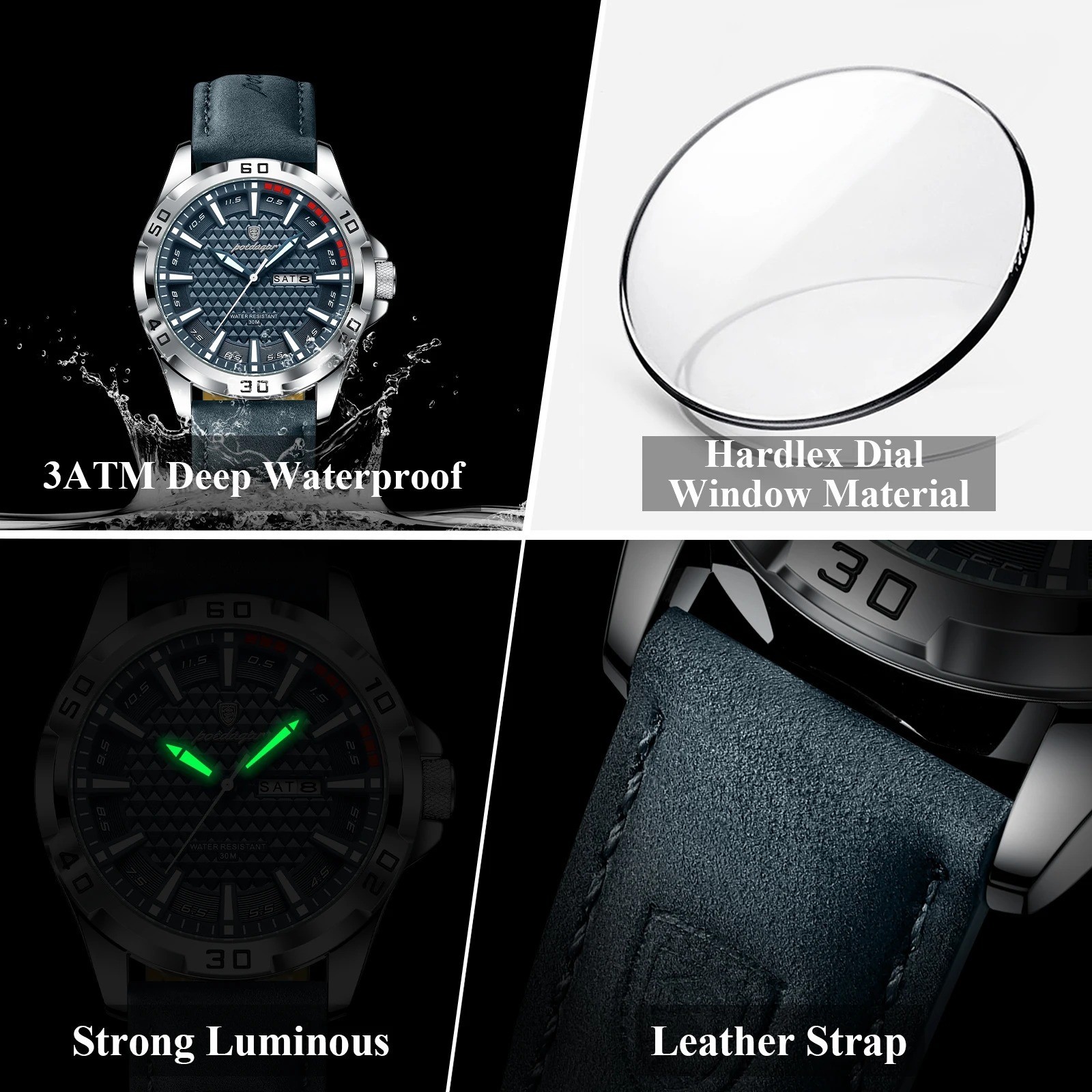 Luxury Men’s Quartz Watch Waterproof Luminous Date Day Leather Strap Wristwatch