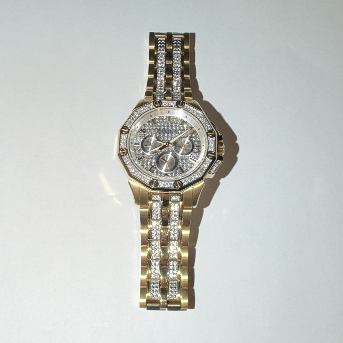 Men’s Bulova Octava Crystal Gemmed Dial Gold Stainless Steel Quartz Watch 98C126