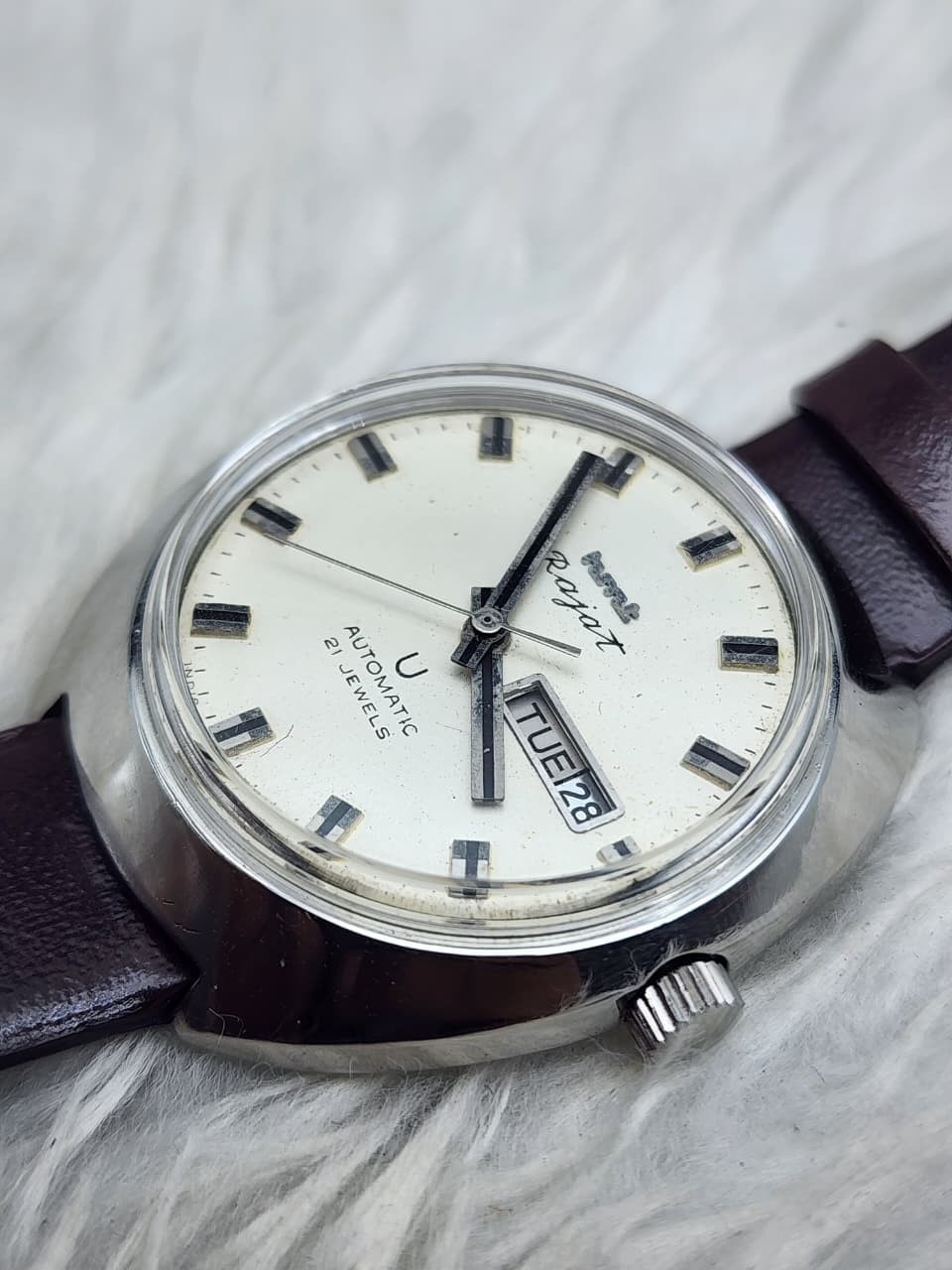 Vintage HMT Rajat Automatic 21 Jewels Day Date Men’s Watch India Cushion Case