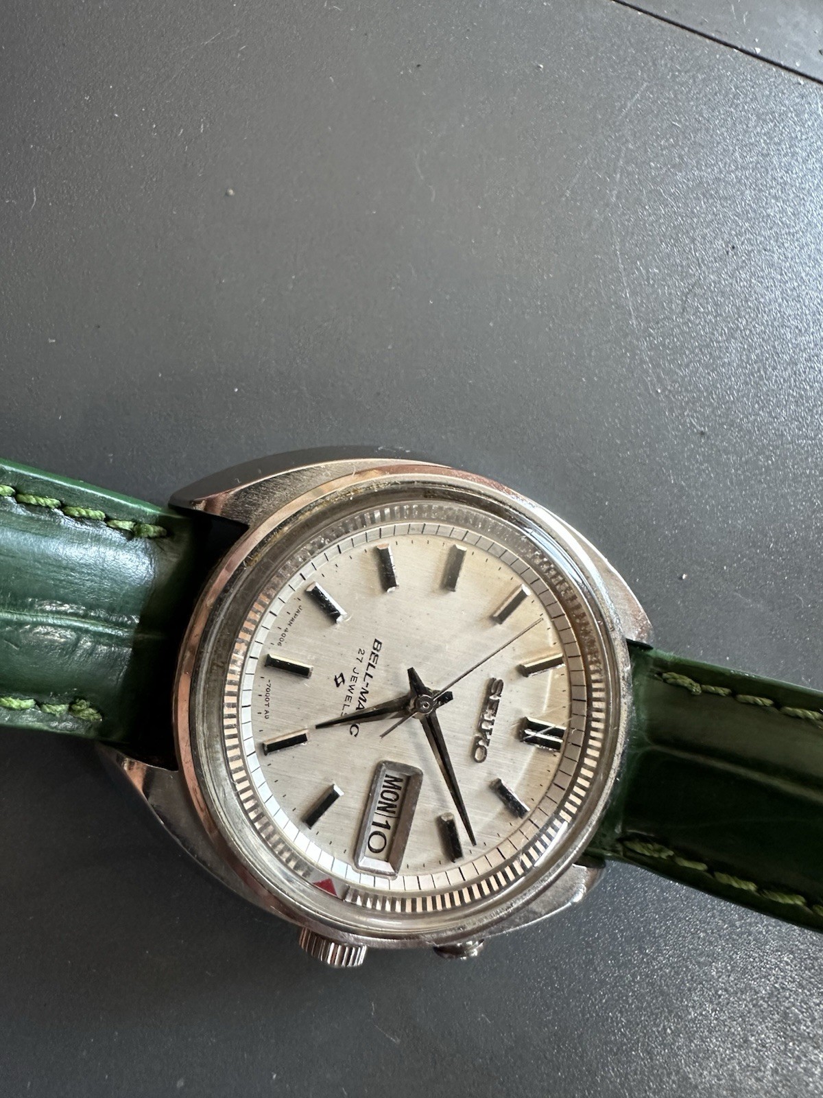 Seiko Bell-Matic Automatic 27J Day/Date Silver Dial Green Leather Men’s