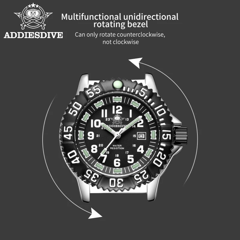 44MM ADDIESDIVE Military Quartz Dive Watch Men Silicone Waterproof Luminous NEW
