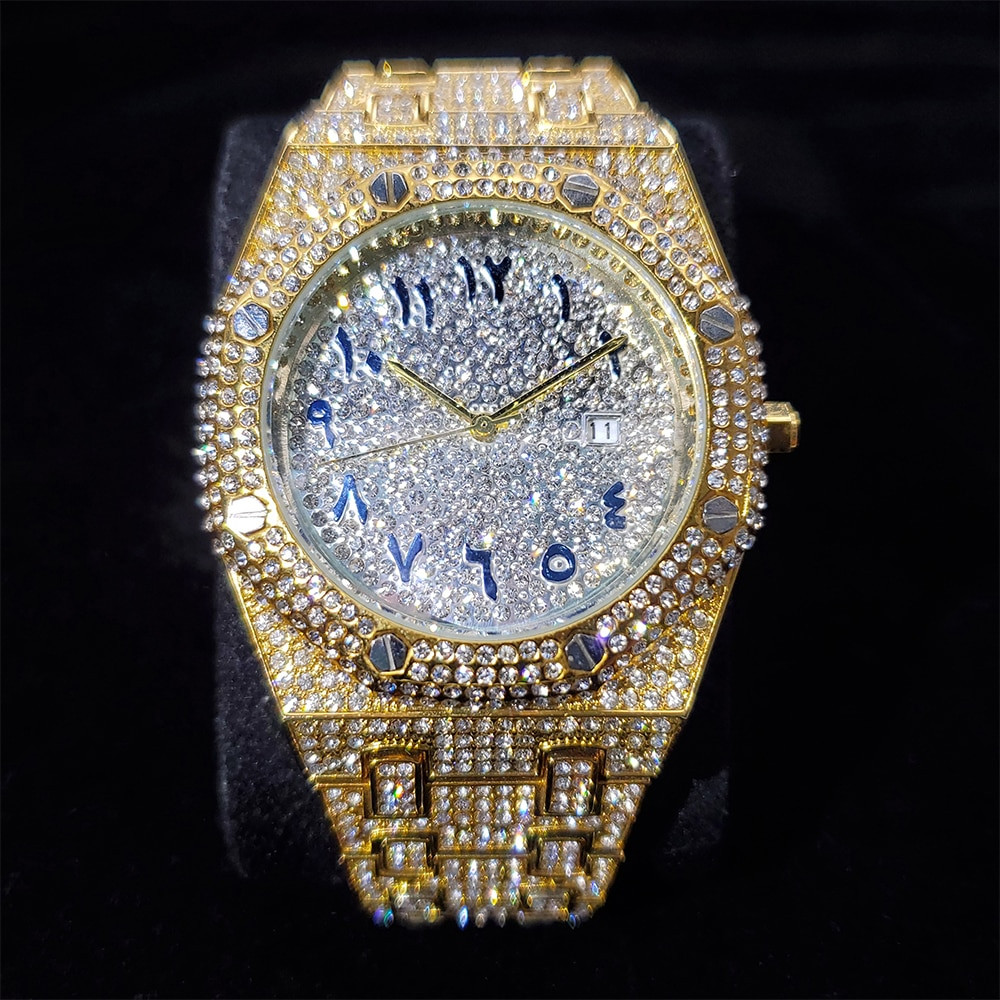 Arabic Hip Hop Luxury Ice out Men’s Watch Iced Bling Gold Cz Diamond Waterproof