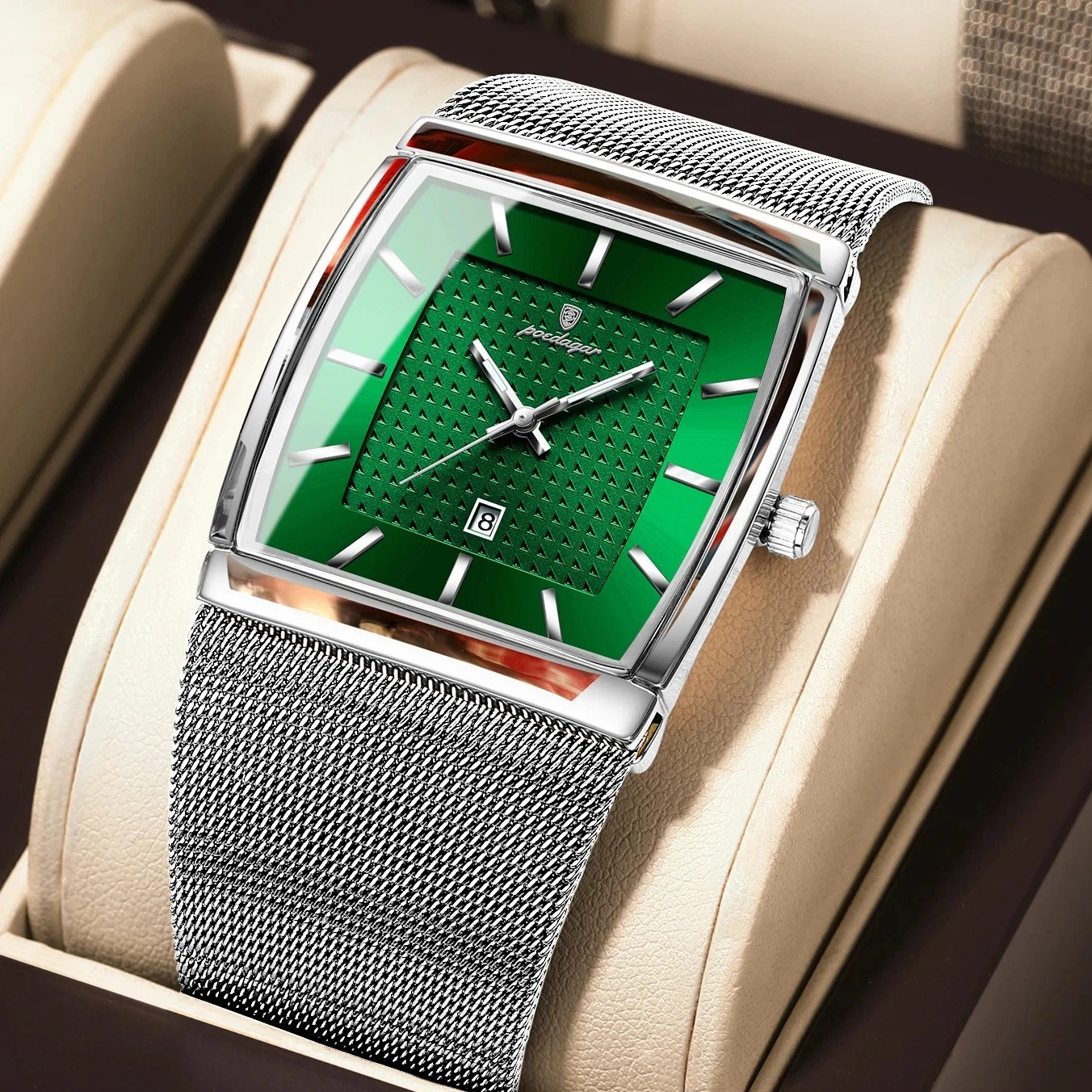 Luxury Men’s Watch Rectangle Steel Mesh Waterproof Luminous Date Quartz