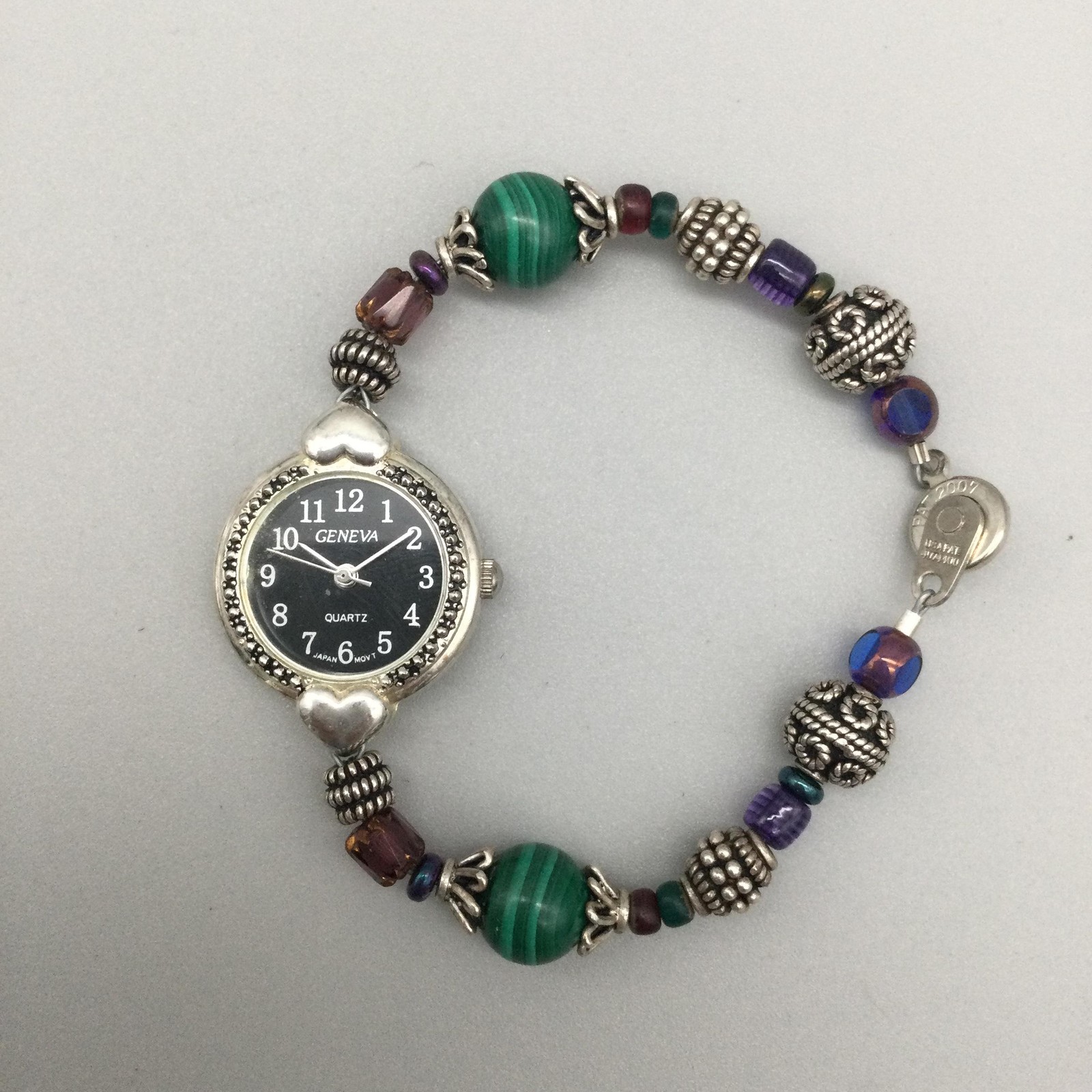 Geneva Womens Watch 23mm Black Dial Silver Beaded Hearts New Battery 7.5″