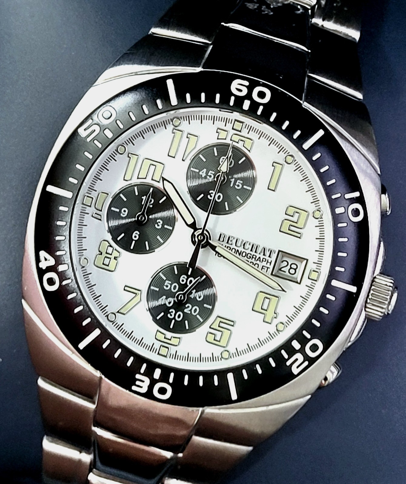 Beuchat Swiss Chrono Watch 100M Mens Watch Box & Papers