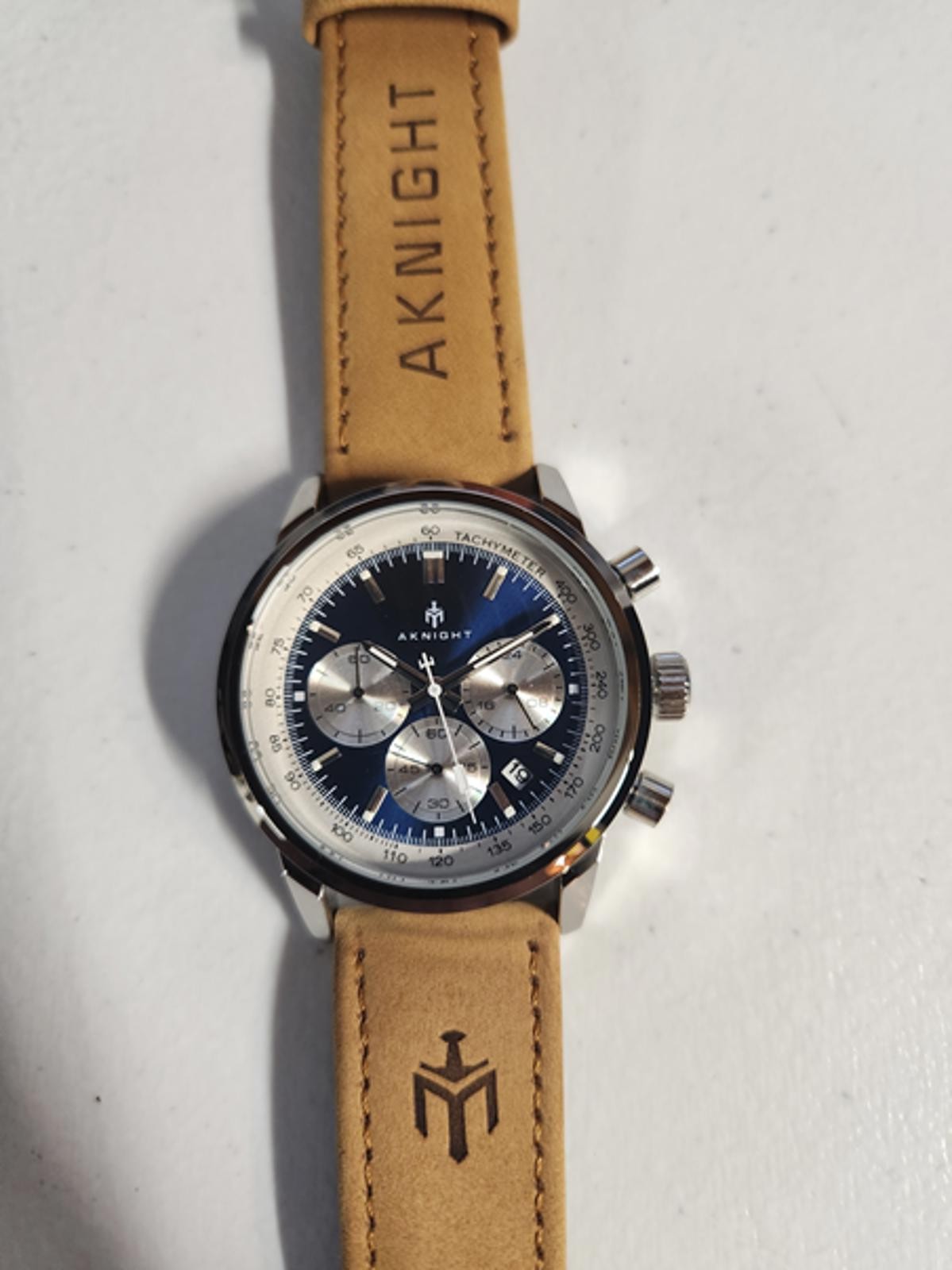 AKNIGHT by BENYAR tan leather band, blue dial, silver bezel, silver chrono dials