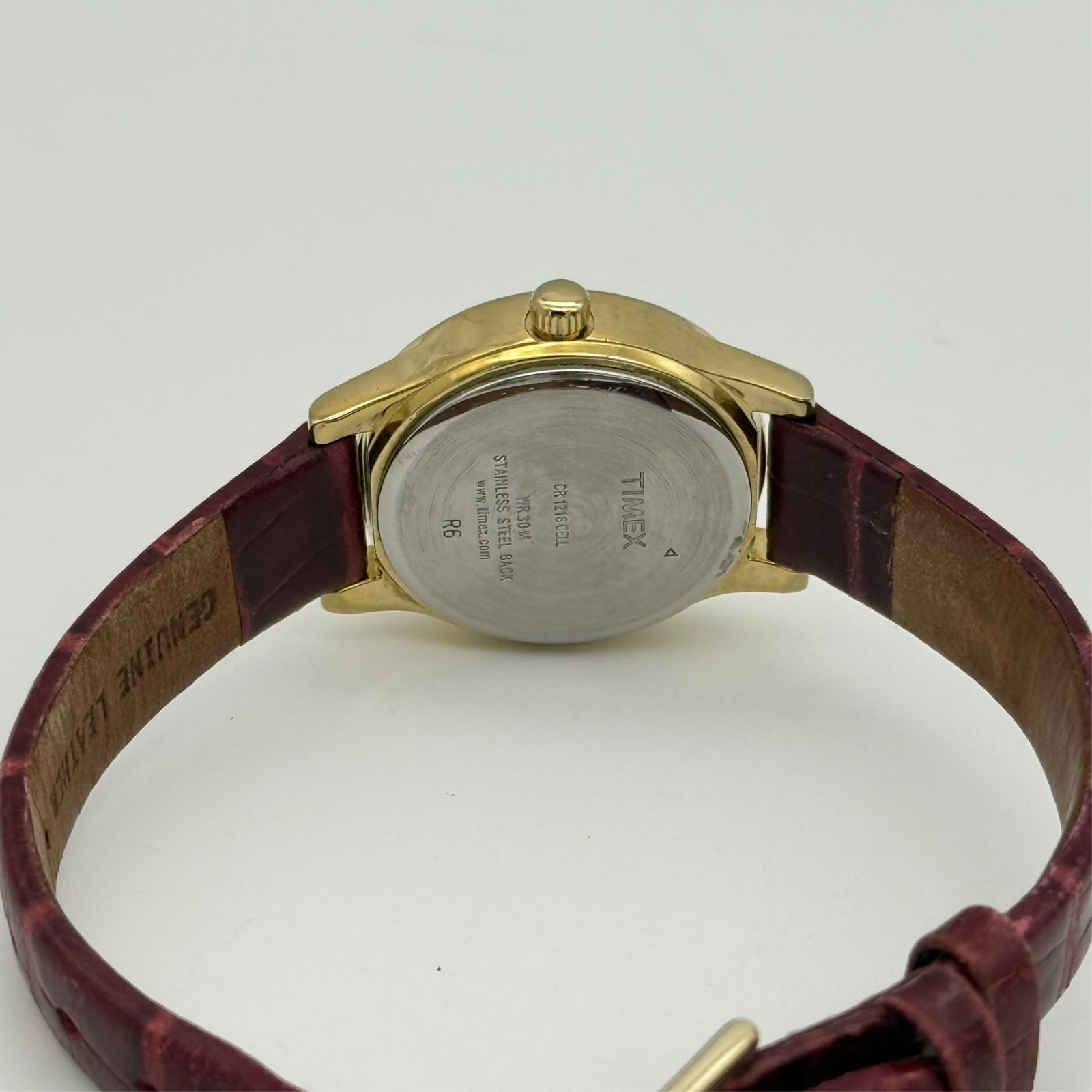 Women’s TIMEX MOP Dial, Gold Tone 25mm Watch, Burgundy Leather Band Runs, T21693