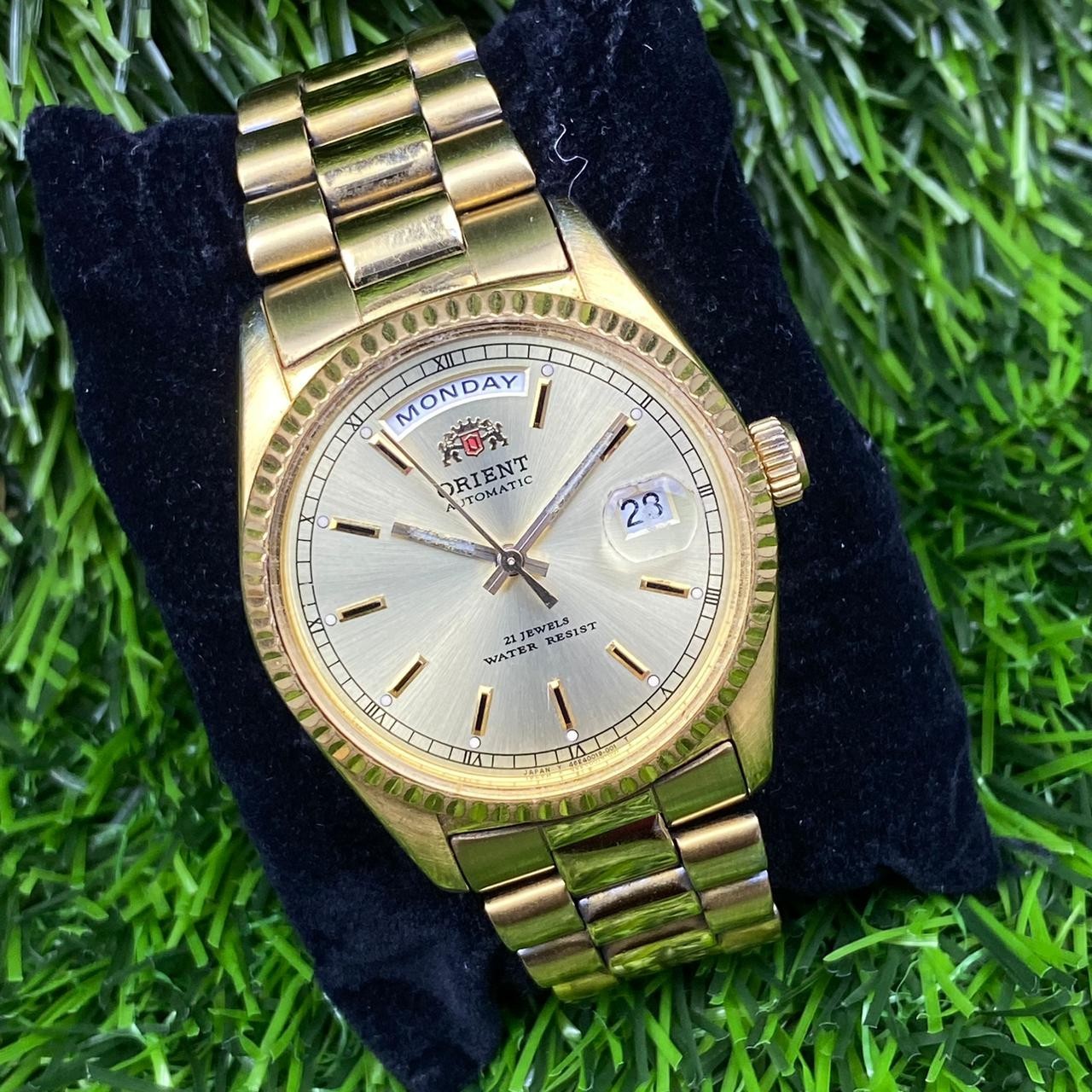 Rare Orient President Automatic Gold Dial Day Date Baton Index Vintage Watch Men