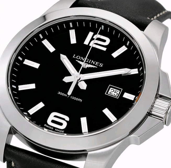 Longines Conquest 43mm Quartz SS Black Leather Band Men’s Watch L3.760.4.56.3