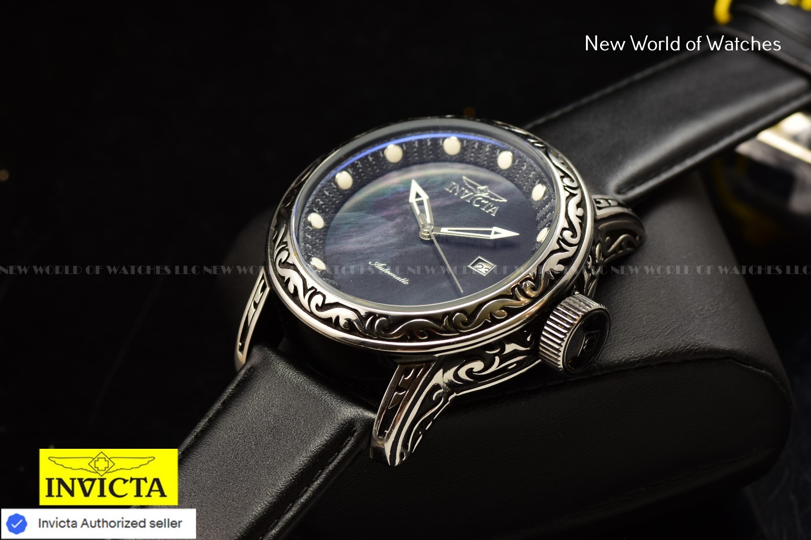 Invicta Men’s Vintage 52mm Automatic MOP Dial Black Tone Leather Strap Watch