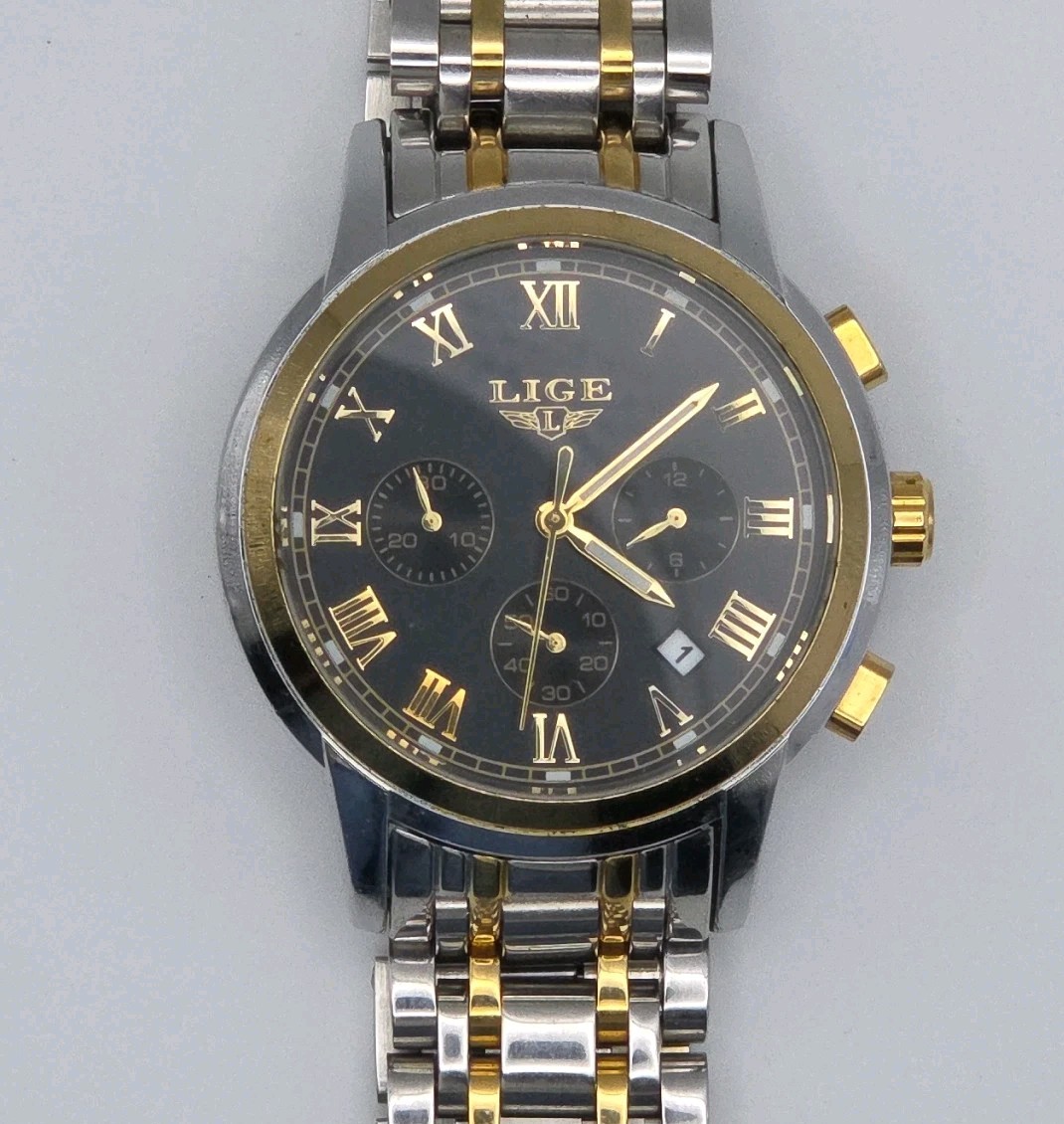 Lige 1853 Silver Gold Tone 42mm Case Black Dial Date Quartz Watch New Battery