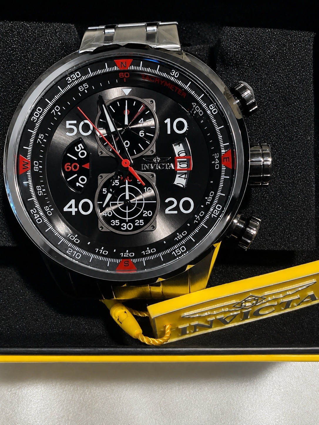Invicta 17204 Aviator Chronograph 48mm Gunmetal Dial Steel Quartz Watch Box Tag