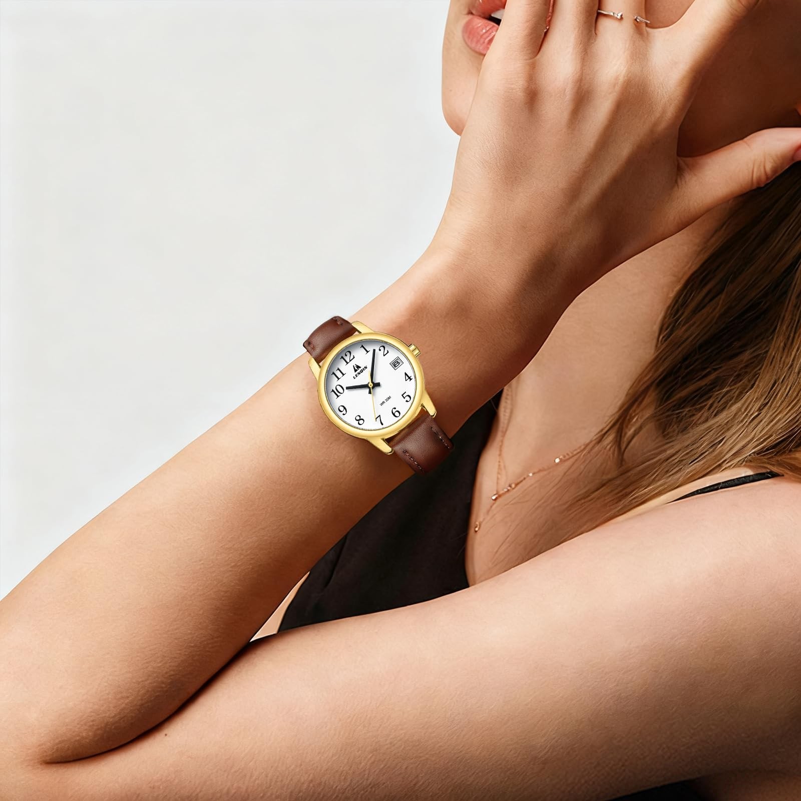 Women’s Analog Quartz Watch Dark Brown Leather Strap Easy Reader White 30mm 3ATM