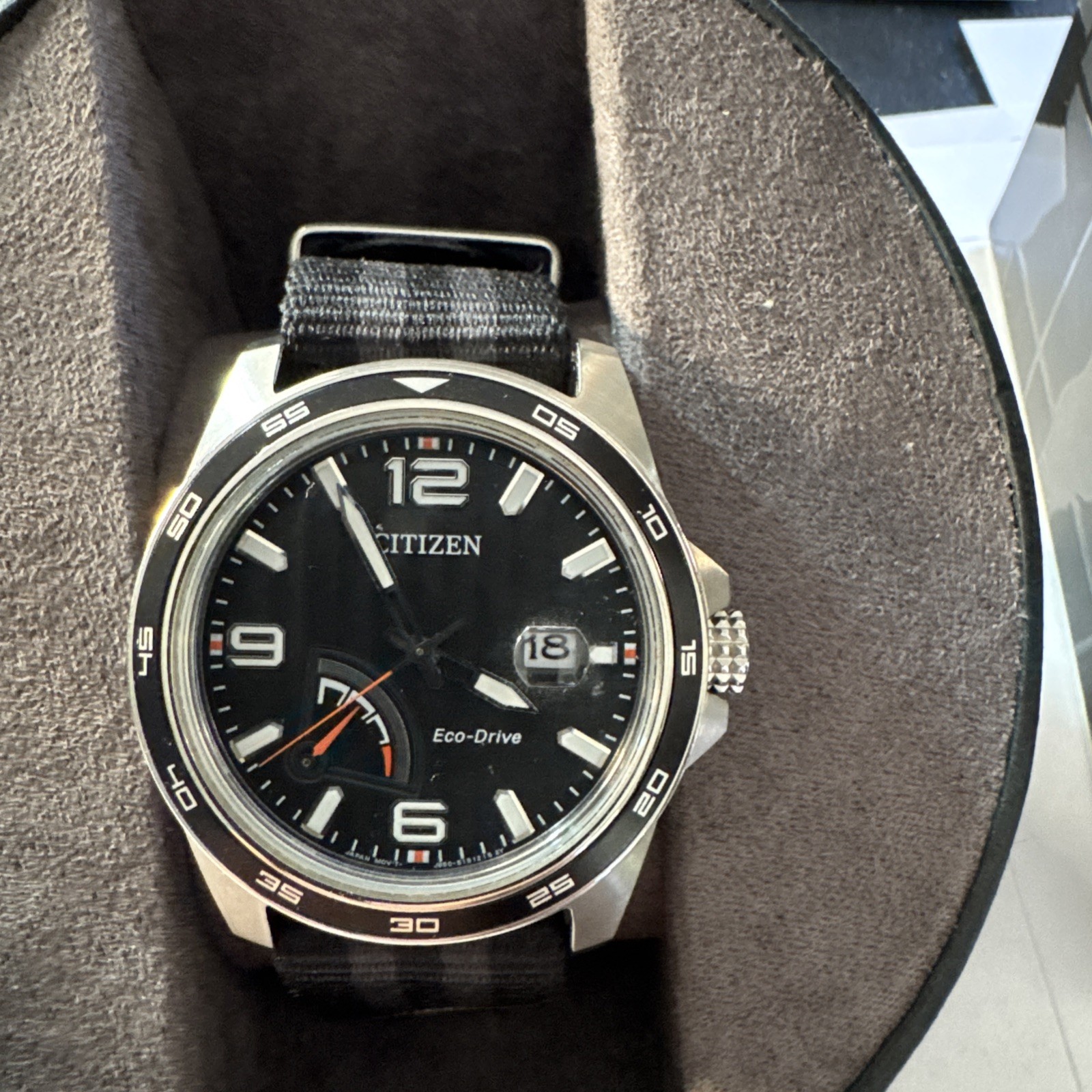 Citizen Eco-Drive Men’s 42mm Black Dial Date 100m Black Nylon NATO Watch