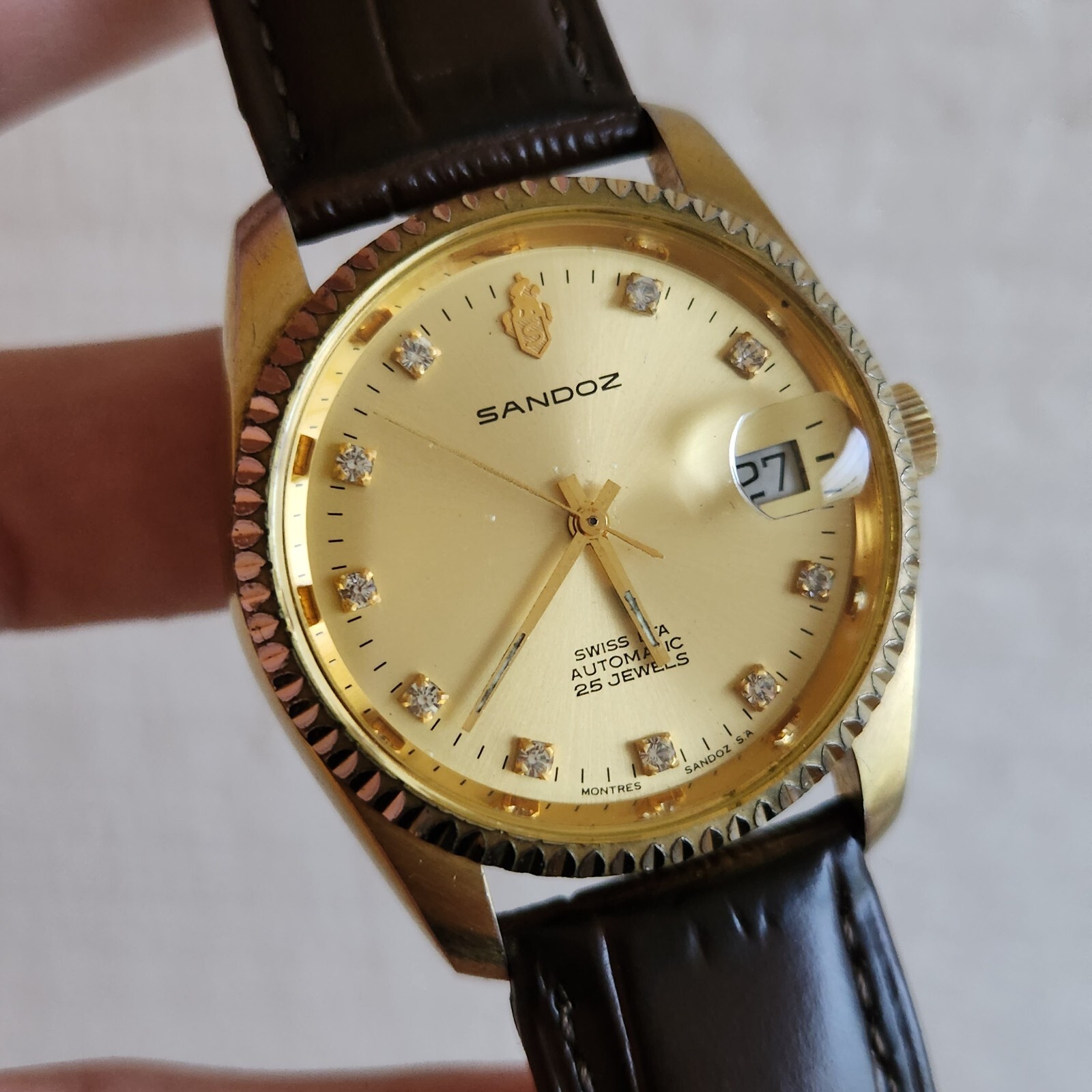 Vintage Sandoz men’s automatic watch 25Jewels diamond hour markers ETA 2824