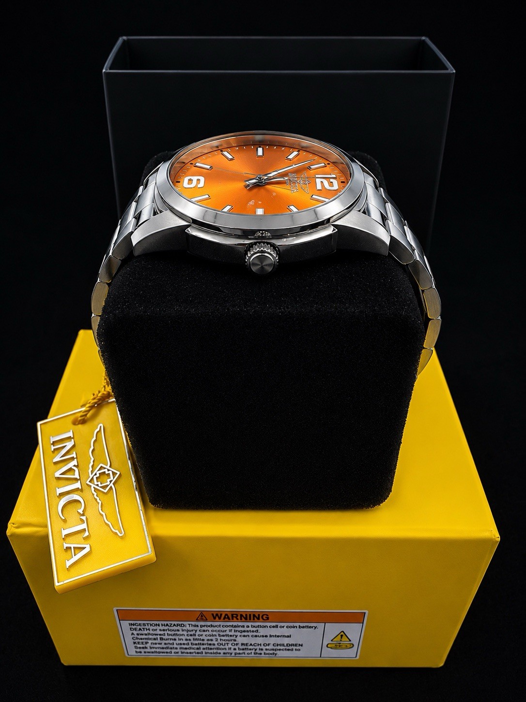 Invicta 48493 Men’s Quartz Wristwatch 44mm Steel Orange Sunburst Dial 50m Box