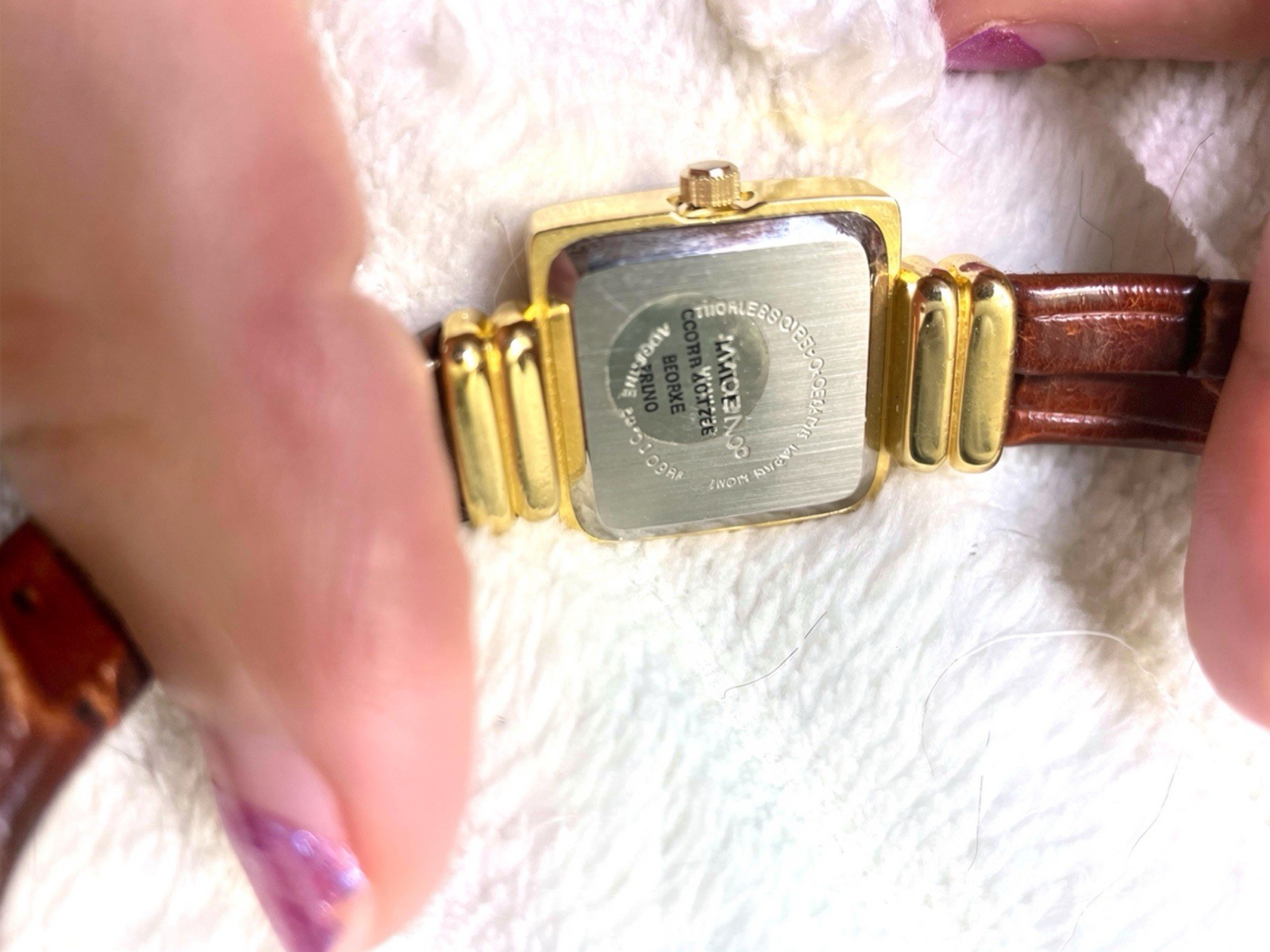 Vintage Gold Square Watch Brown Leather Mother of Pearl MOP Dial Dainty Minimal