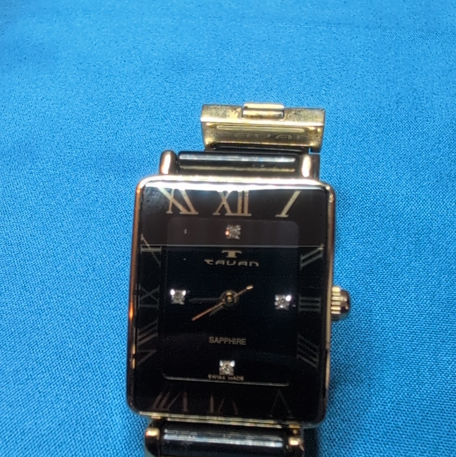 Tavan Swiss Made Sapphire Rectangle Wristwatch Black Dial Gold Bracelet Band
