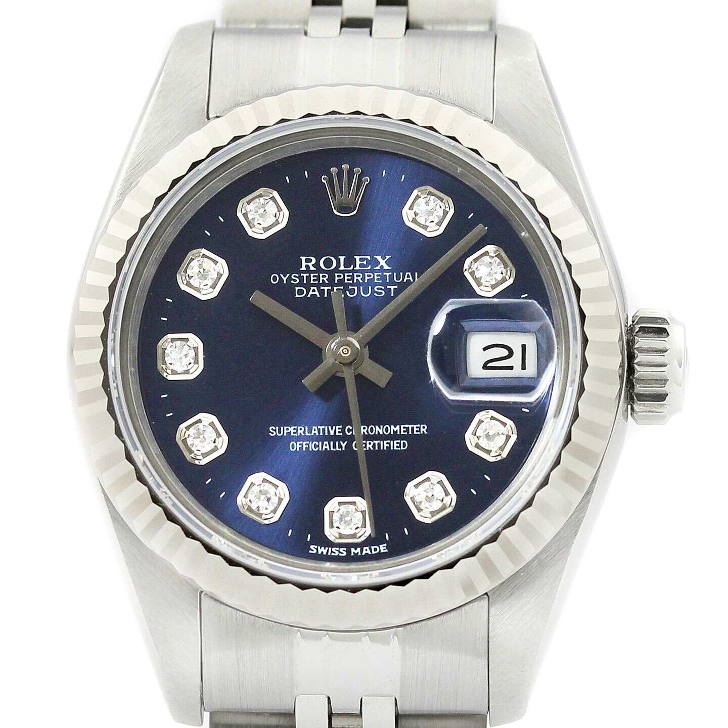 Rolex Ladies Datejust 69174 18K White Gold & Steel Blue Diamond Dial Watch