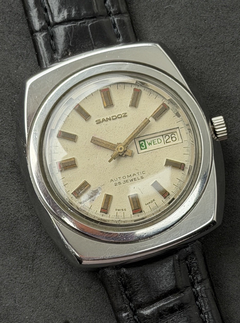 Vtg 1976 SANDOZ Day Date Men’s 40mm Automatic Watch 25 Jewels Steel Cream Dial