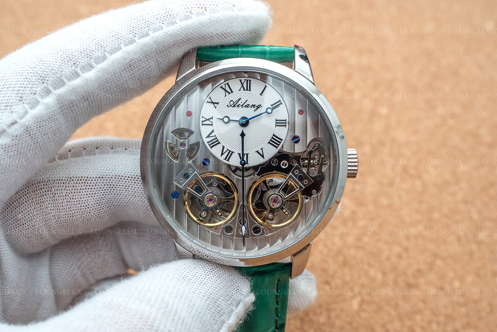 Mens Double Flywheel Automatic Mechanical Watch Silver White Dial Green Leather