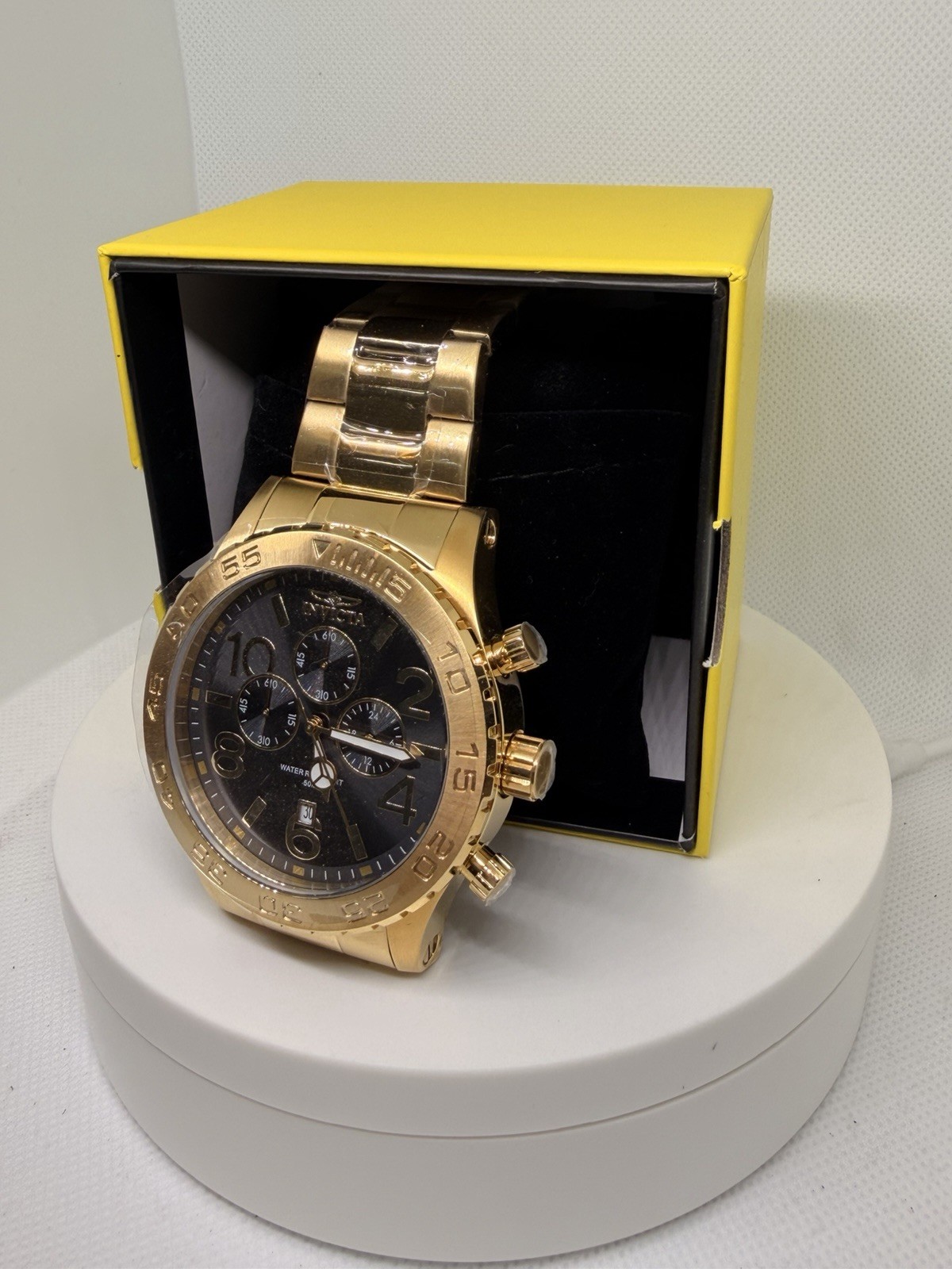 Invicta Reserve Men’s Quartz Chronograph Date Black Dial Gold 50mm 50m