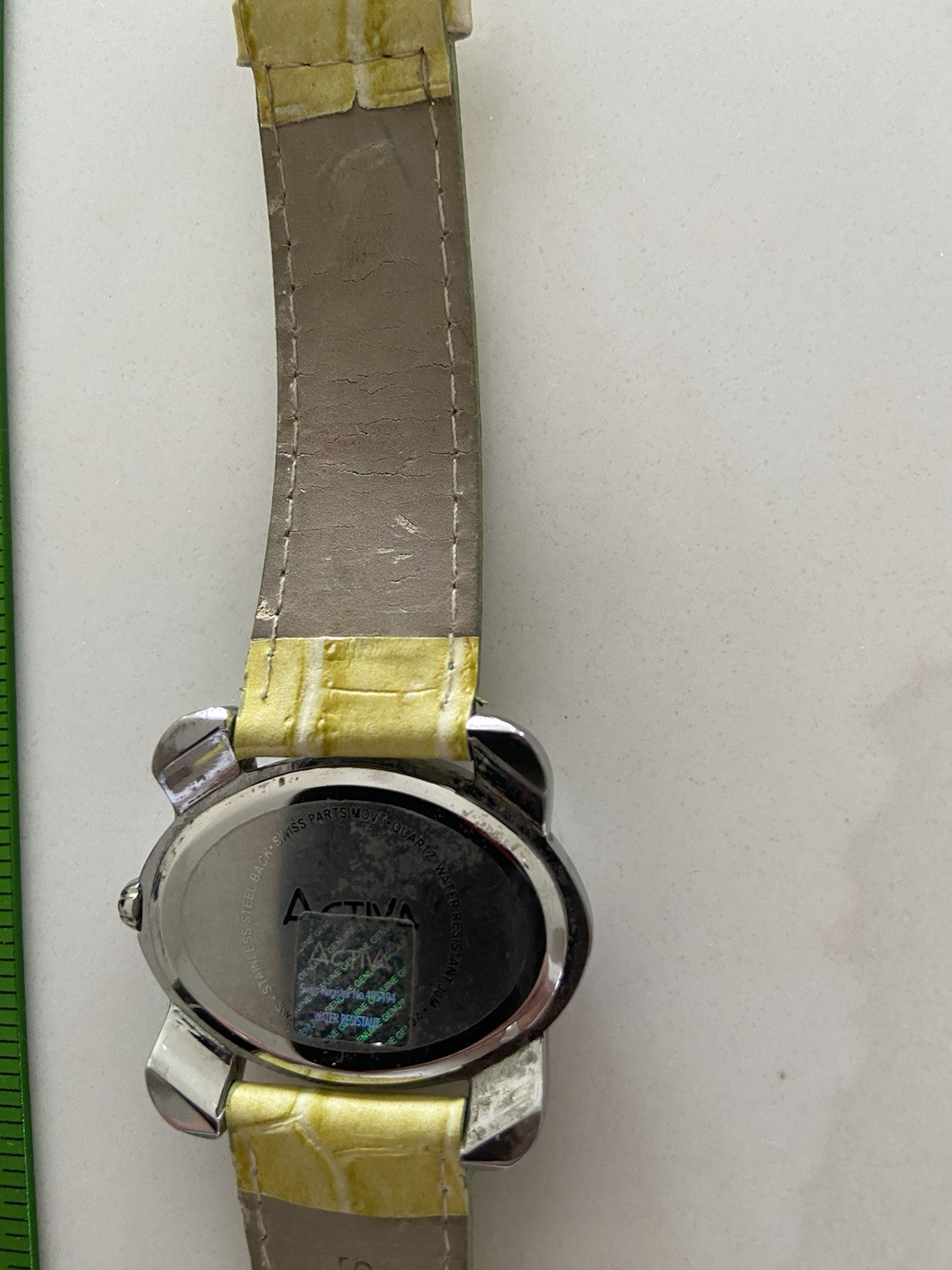 Activa Swiss Silver Tone Oval Case Yellow Canvas Leather Band Watch New Battery