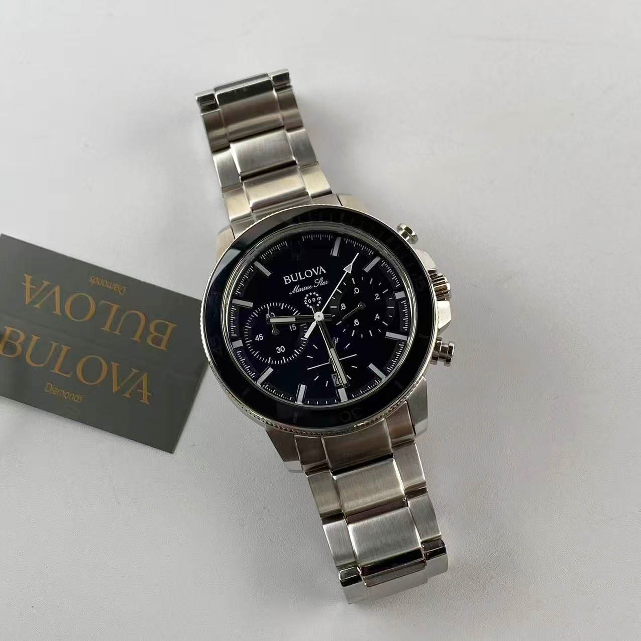 New Bulova Marine Star 96B272 Black Dial Stainless Steel Men’s Quartz Watch 45mm