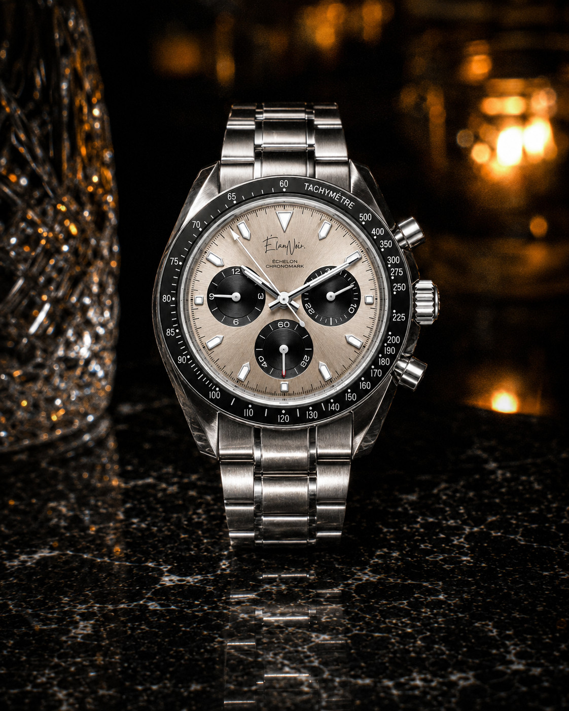 Élan Noir Chronograph Watch VK63 Champagne Dial Sapphire Crystal Steel 40mm