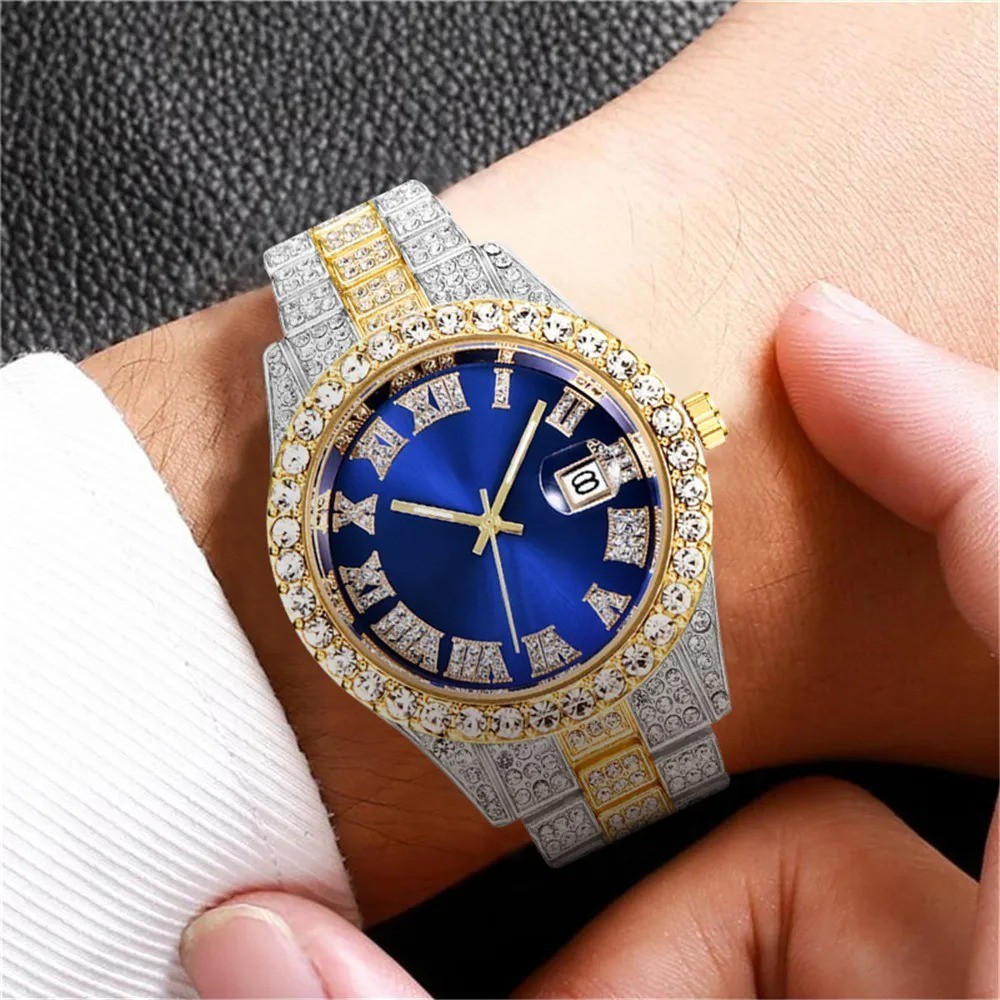2PCS Men’s Quartz Watch & Bracelet Set Full Diamond Steel Band Roman Dial