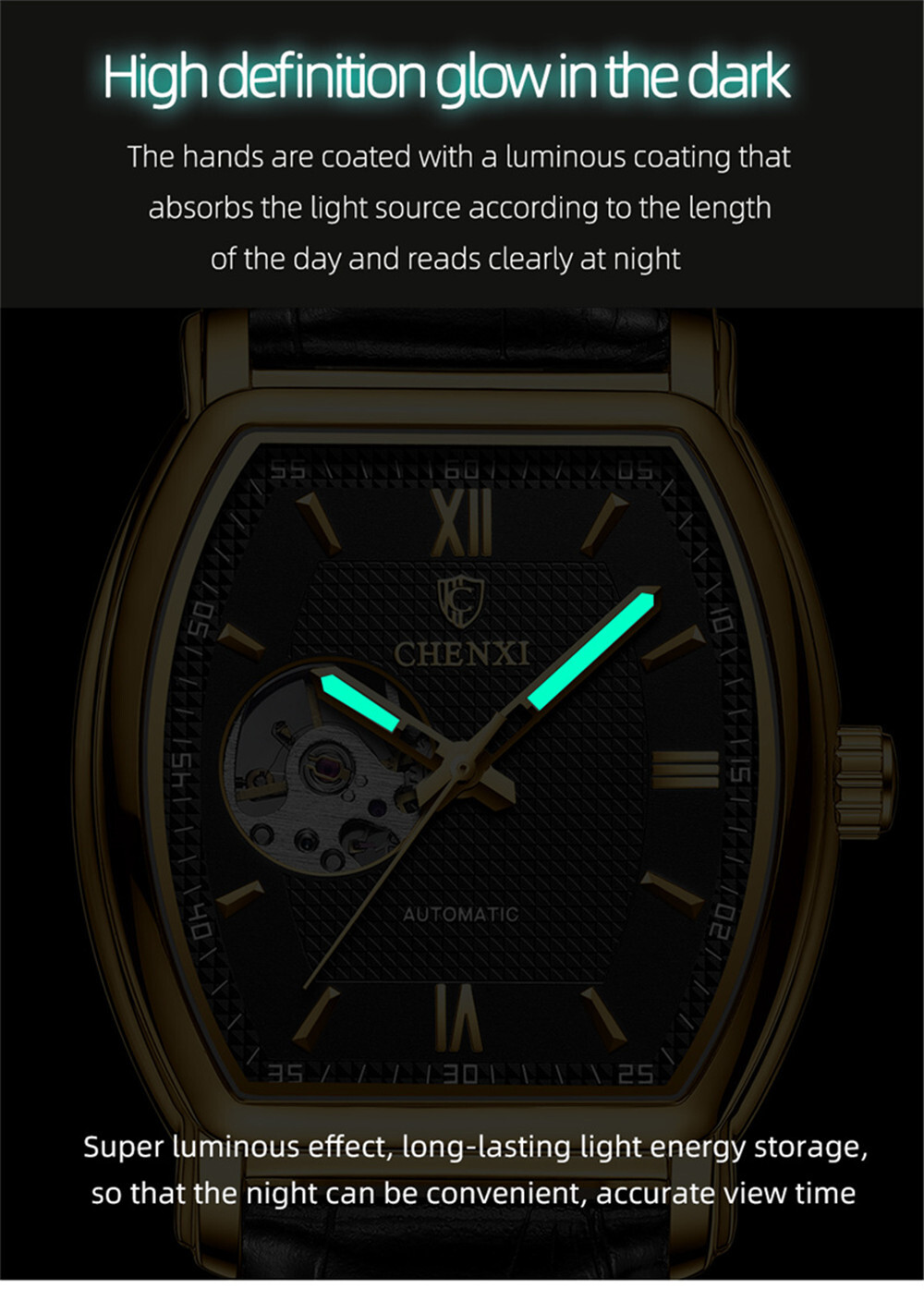 CHENXI Men Mechanical Watch Automatic Leather Rectangle Business Male Wristwatch