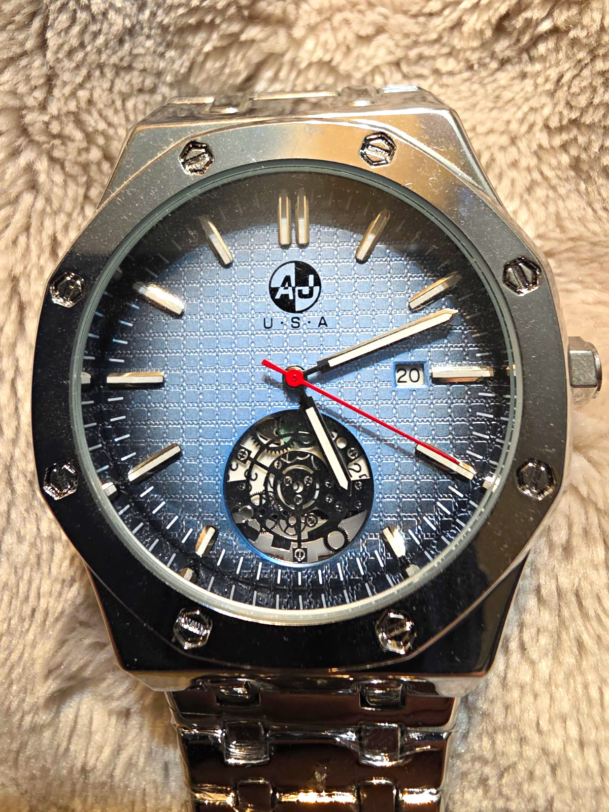 AJ USA Quartz Octagon Analog Watch Blue Textured Dial Date Silver Bracelet