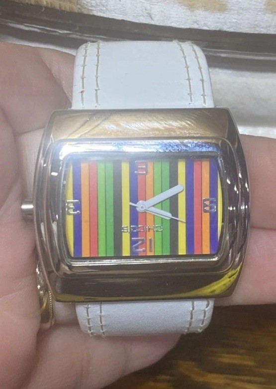 Chico’s Cuff Watch White Band Multicolor Striped Face, Rainbow Face