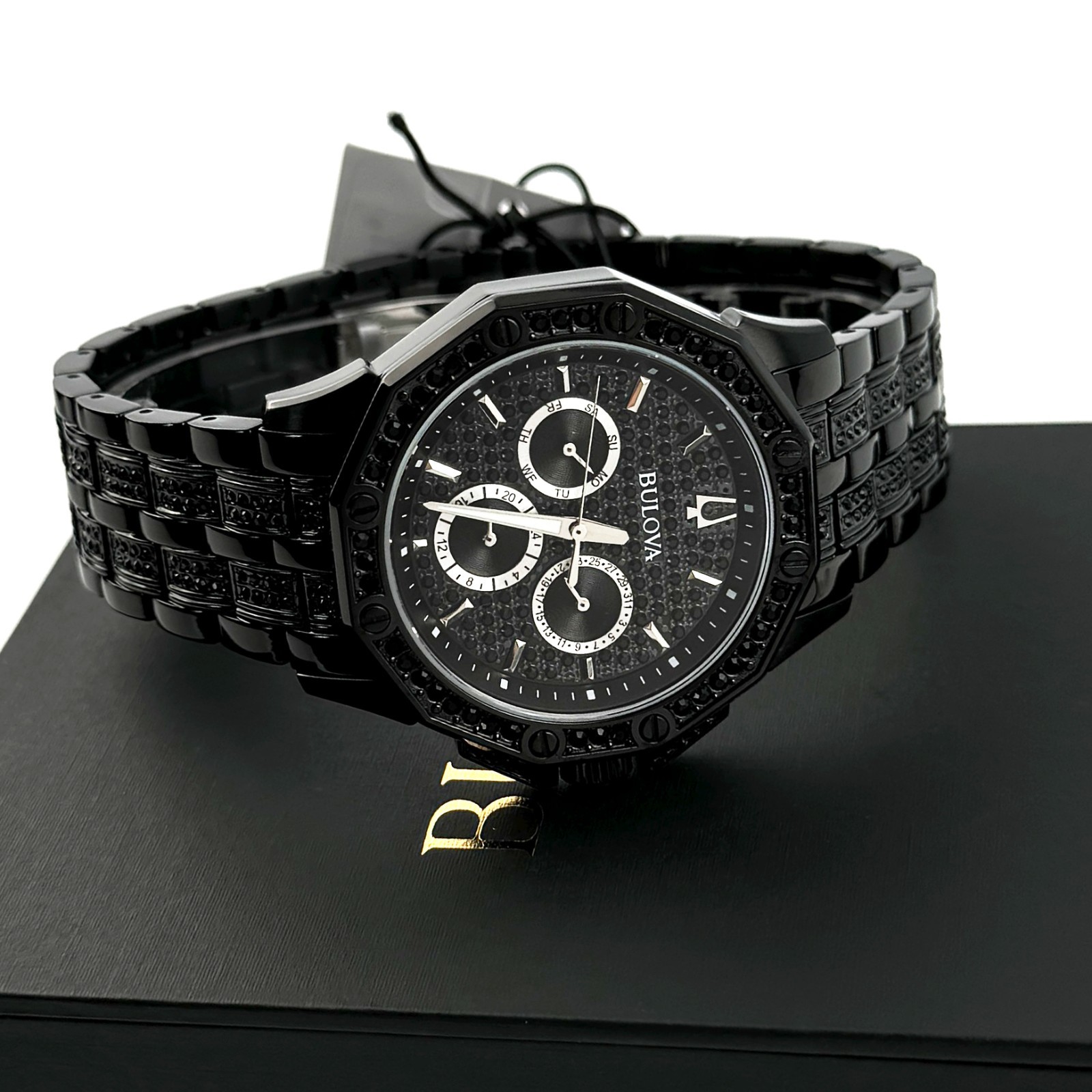 Bulova Crystal Octava 98C134 Quartz Black Pave Dial Stainless Men’s Watch 41.5mm