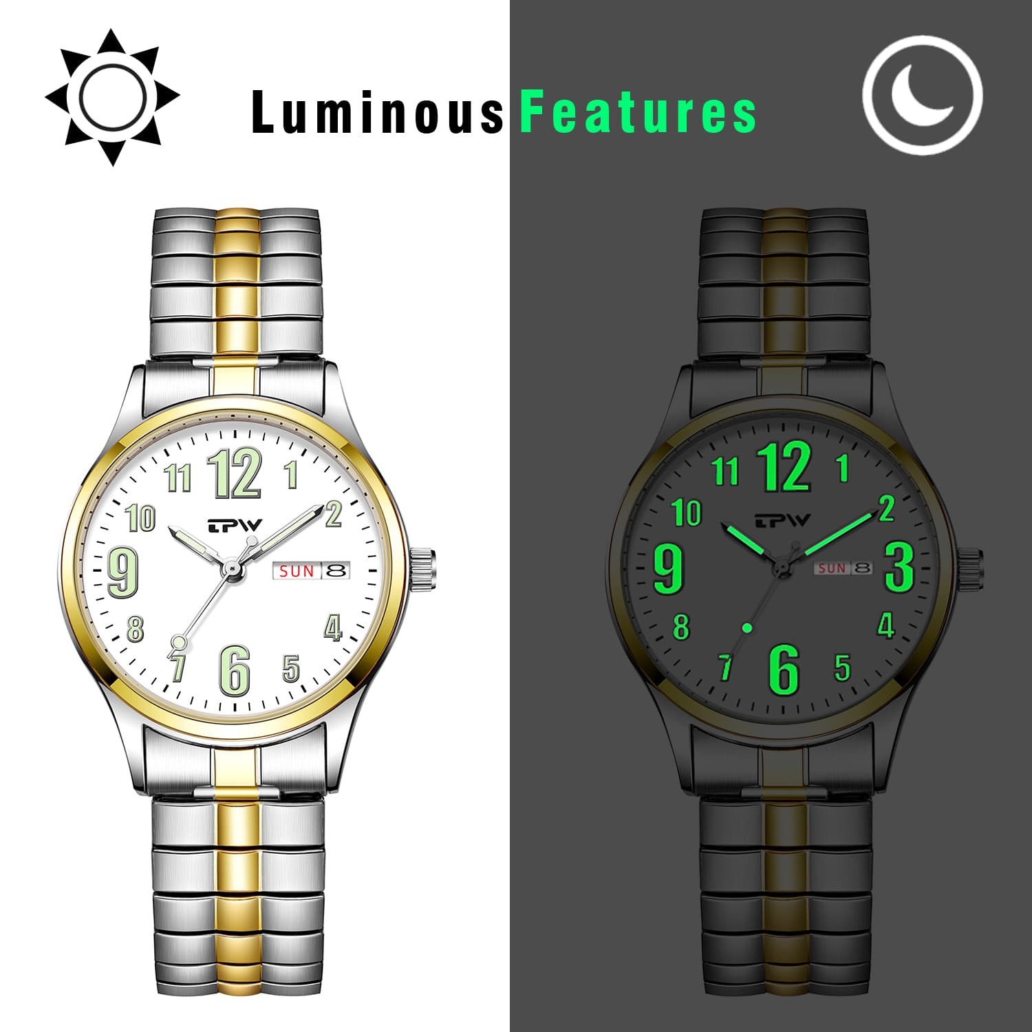 Luminous Couple’s Date Easy Reader Stretch Band Wrist Watch for Mom Dad Senior