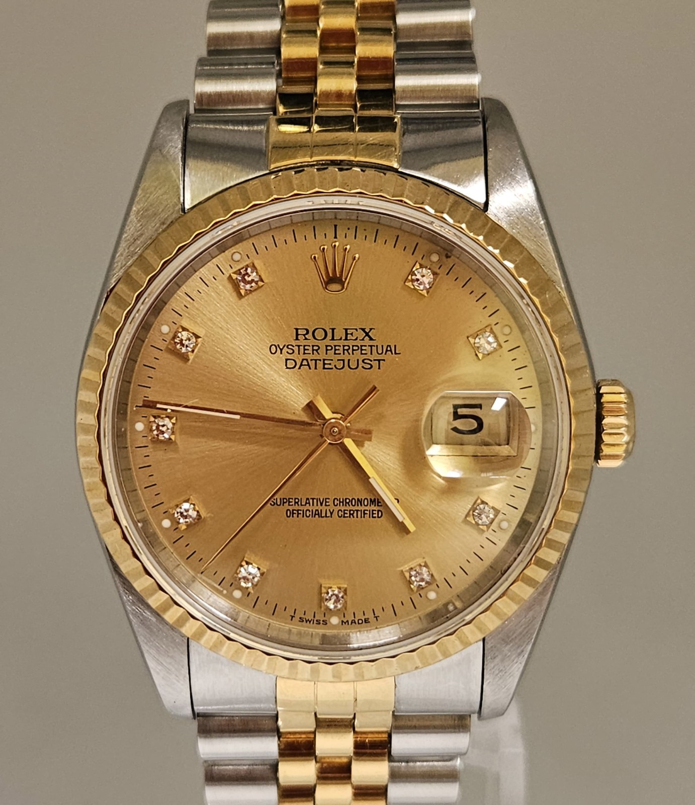 Rolex Mens Datejust 16233 18K Y Gold & SS 2 Tone Factory Diamond Dial Jubilee