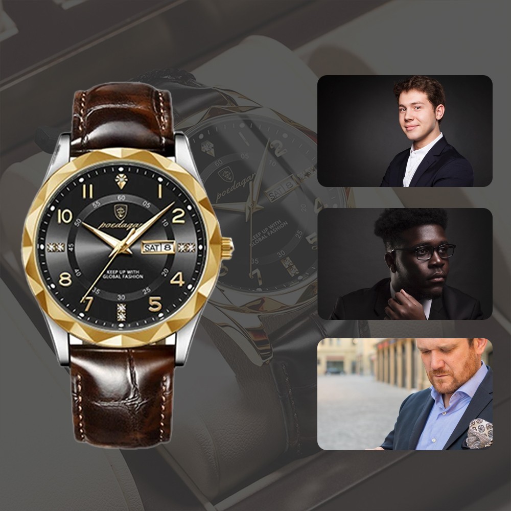Mens Calendar Watch Quartz Wristwatch Man Leather Watches Waterproof Luminous