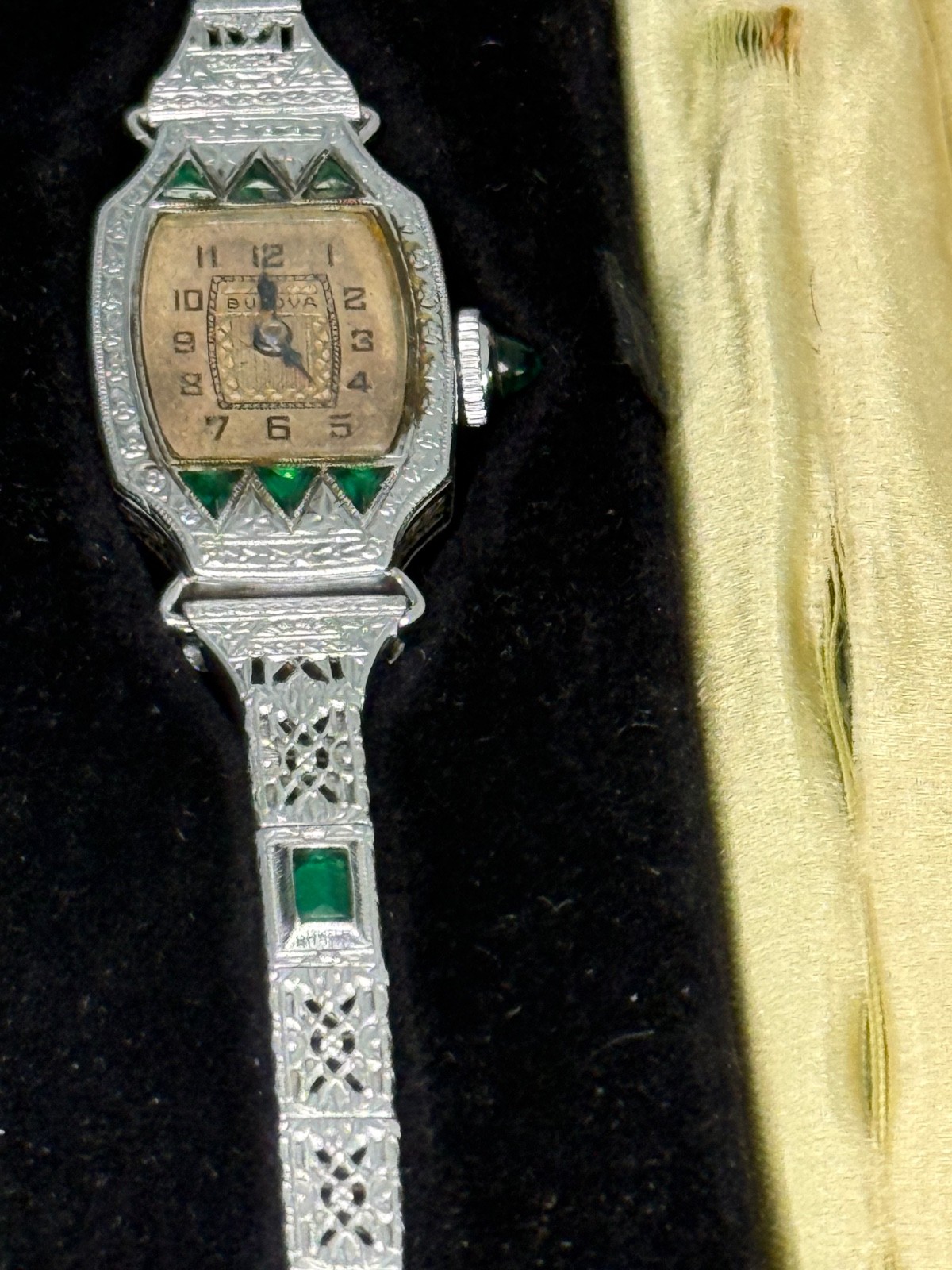 Vintage 1929 Ladies Bulova “Miss Liberty” wristwatch with emeralds
