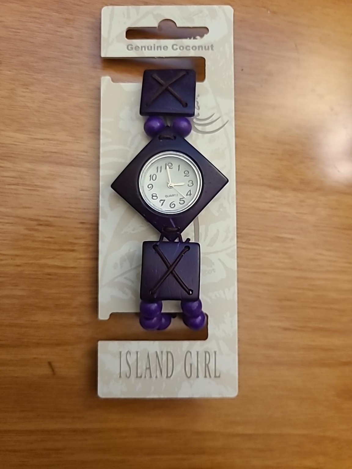 Vintage Island Girl Genuine Coconut Purple Bracelet Quartz Watch NOS on Card