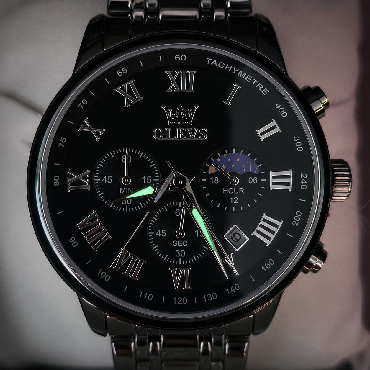 OLEVS 5529 Men’s Quartz Chronograph Watch Black Dial Stainless Steel