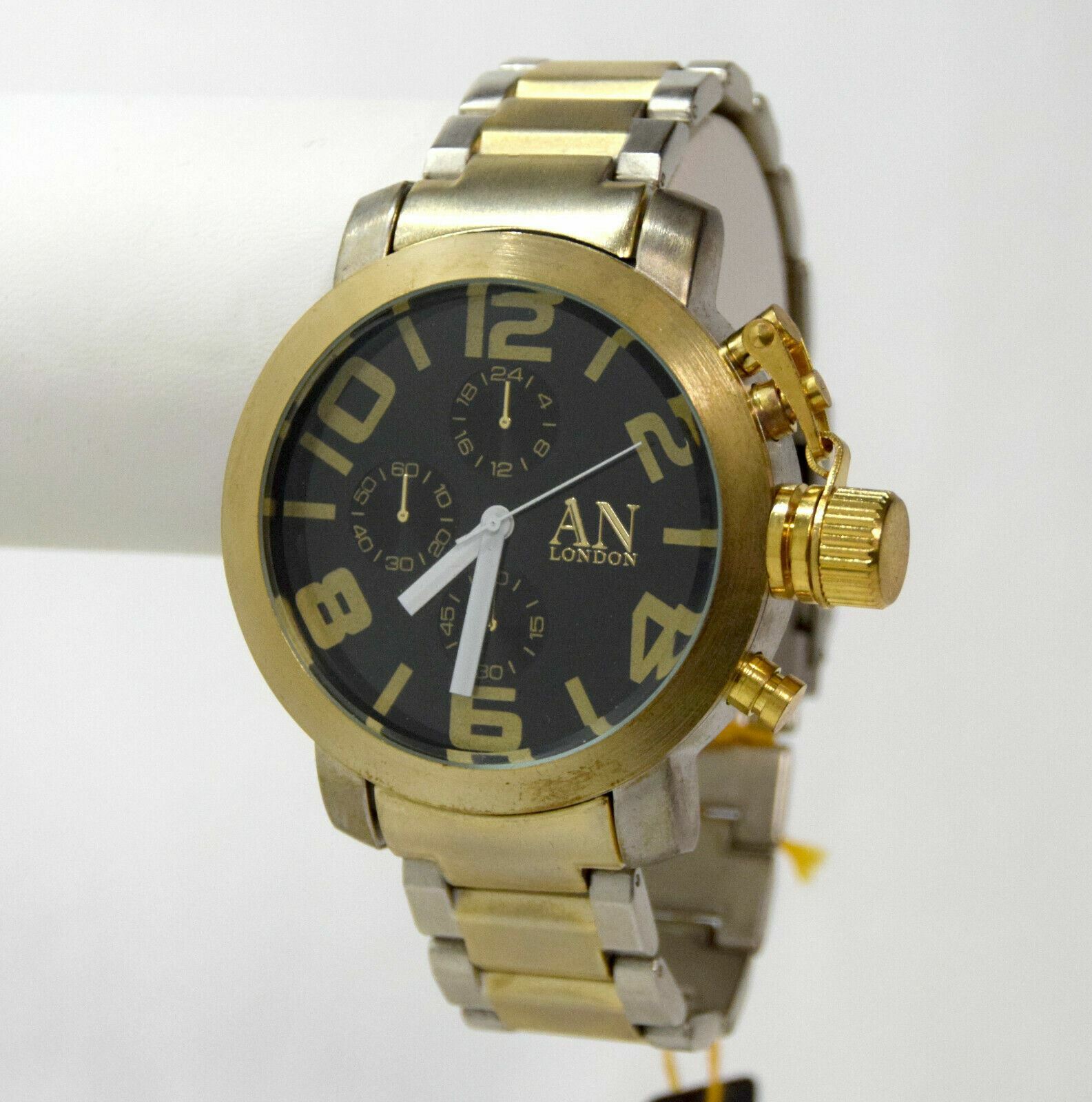 NEW AN London 3031 Screw-Cap Crown Large 50mm Black Dial Silver & Gold Watch