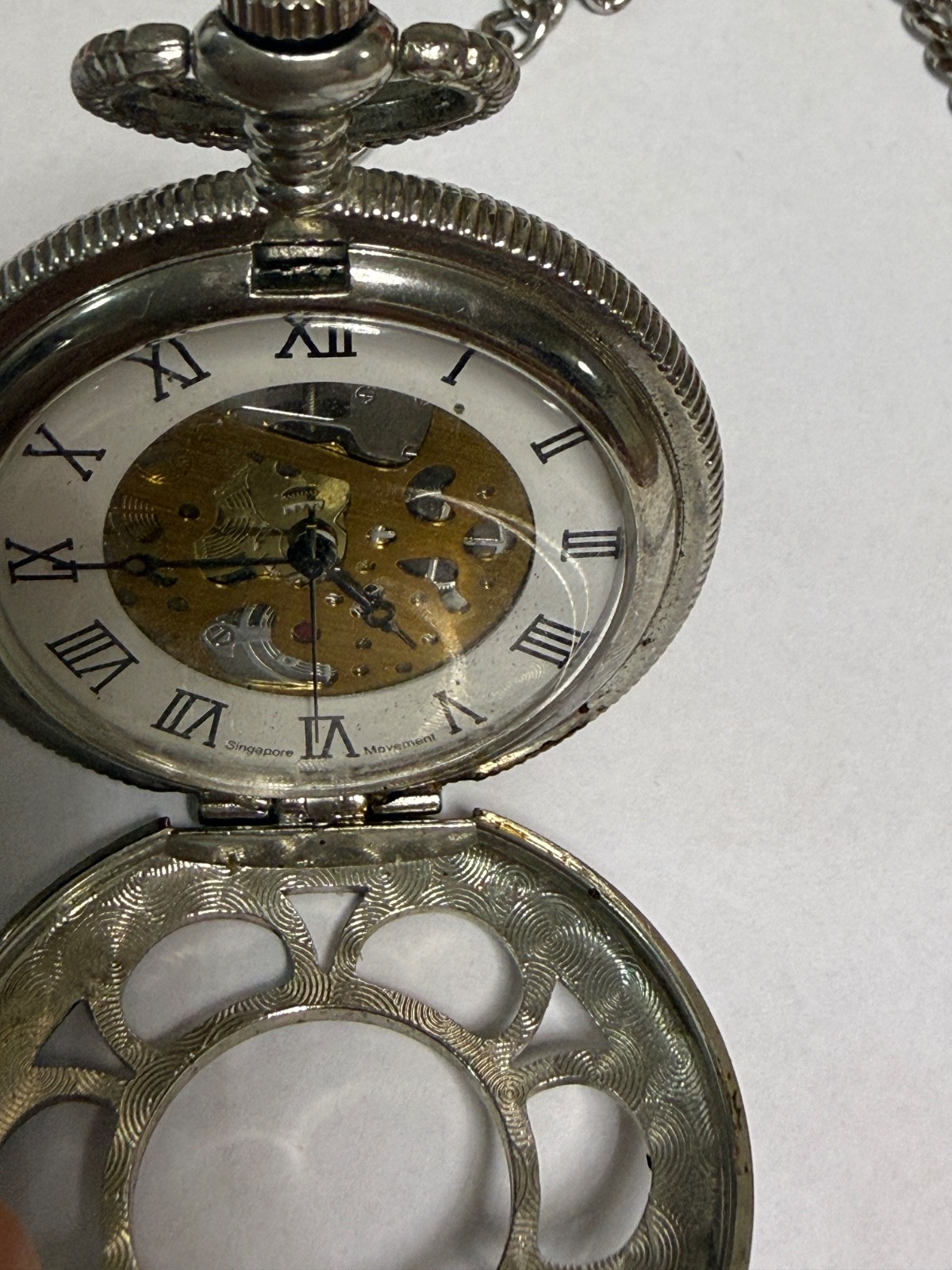 Vintage Skeleton Pocket Watch Roman Numerals Mechanical Style Singapore Movement