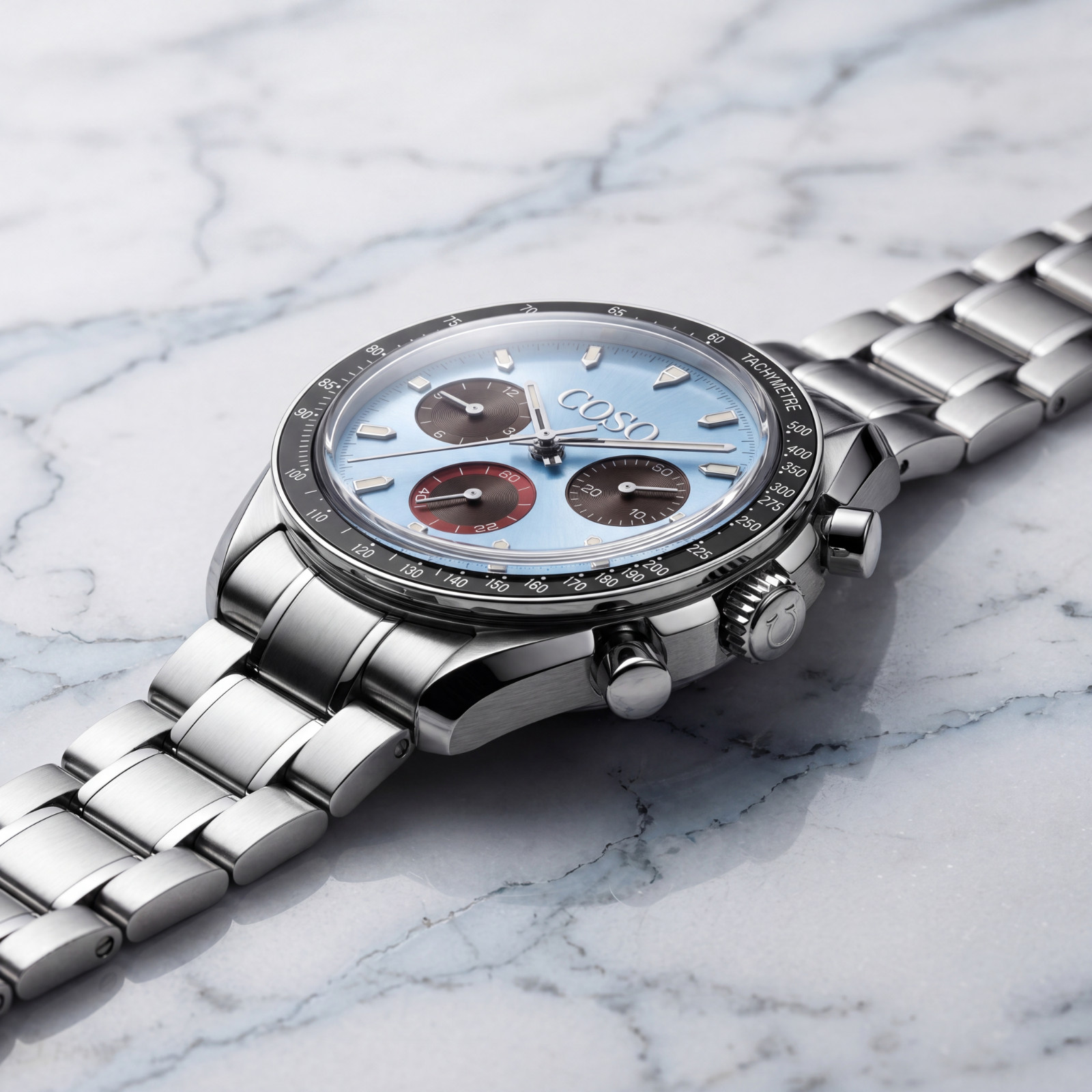 COSO Torvex Chronograph Mens Watch Steel Ice Blue Dial Steel Bracelet Tachymetre