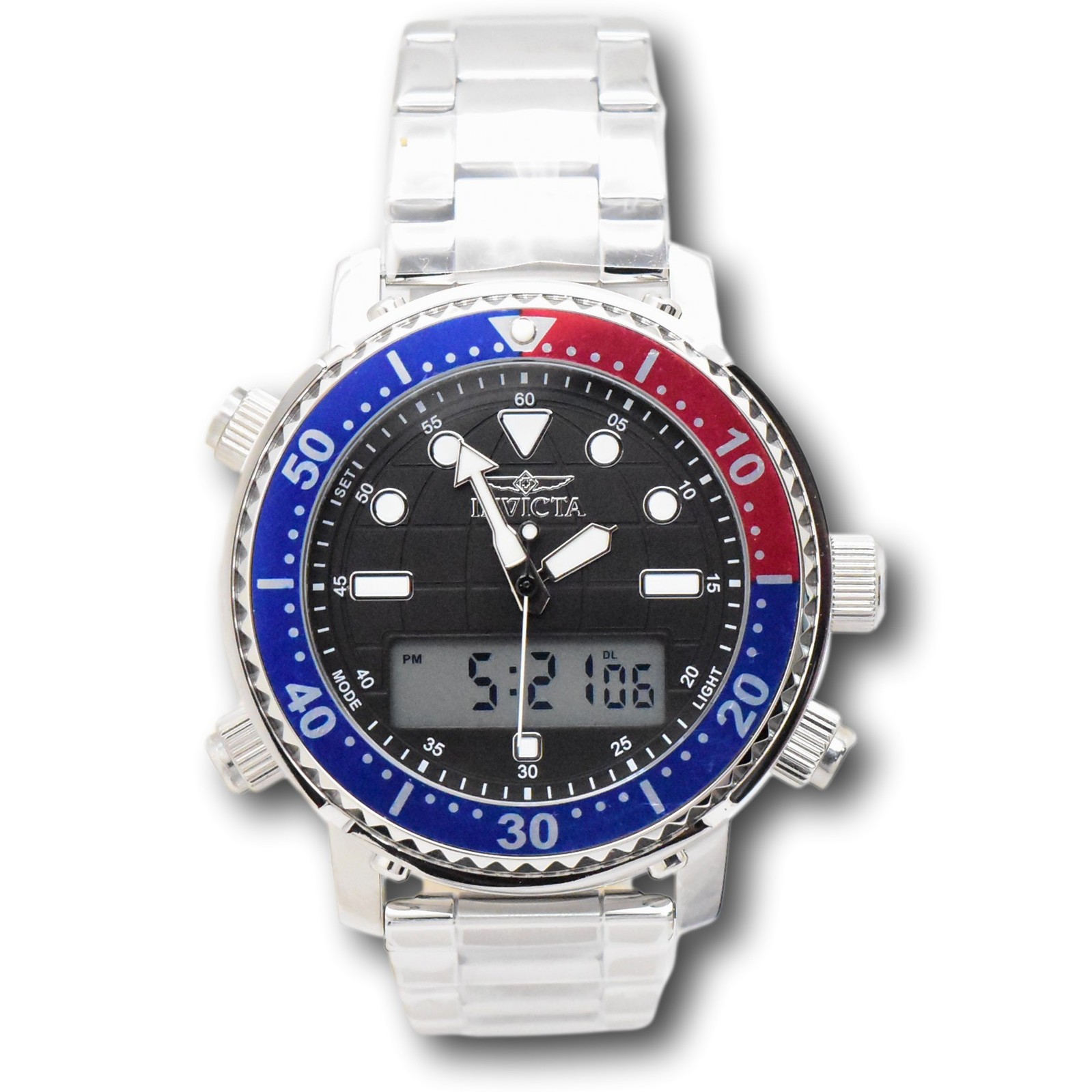 Invicta Pro Diver 46.5mm Men’s Pepsi Bezel Ana-Digi Dual Time Watch 48371