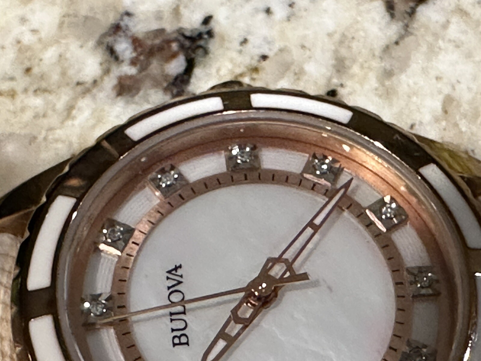 Bulova Classic Women’s Rose Gold Diamond Leather Strap Watch Classic 12 Diamonds